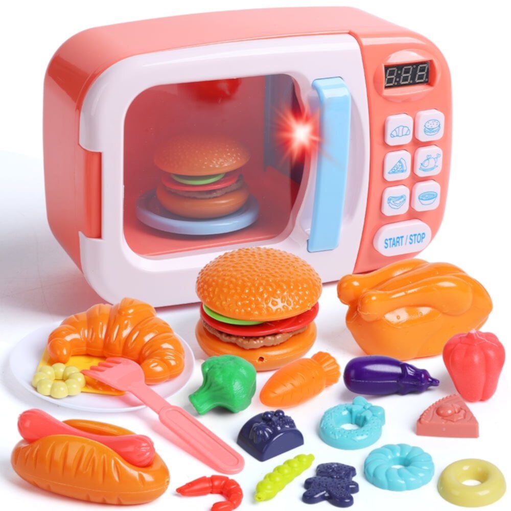 JoyStone Microwave Kitchen Play Set with Light Sound for Kids with Pretend Fake Food, Great Learning Gifts for Age 3+ Girls Boys, Blue JoyStone