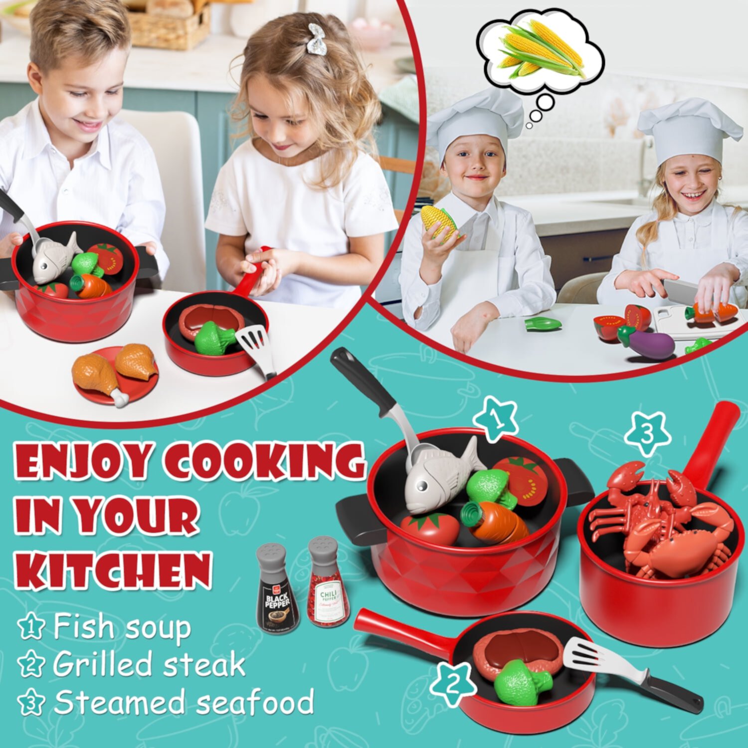 Play Food Sets for Kids Kitchen Pretend Playset with Pots and Pans Set, Play Kitchen Accessories, Learning Education Toys for Toddlers, Birthday Gift for 3 4 5 Years Old Girls Boys Baby Child OROLIVING