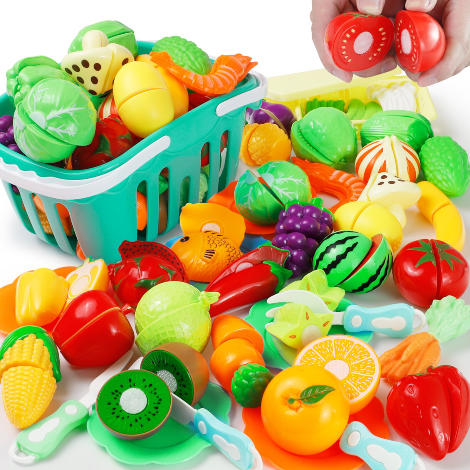 70 PCS Play Kitchen Pretend Food Cutting Toys for Girls 3-6 Years Kids Playset Accessories Fruit Vegetables Great Birthday Christmas Gifts NETNEW