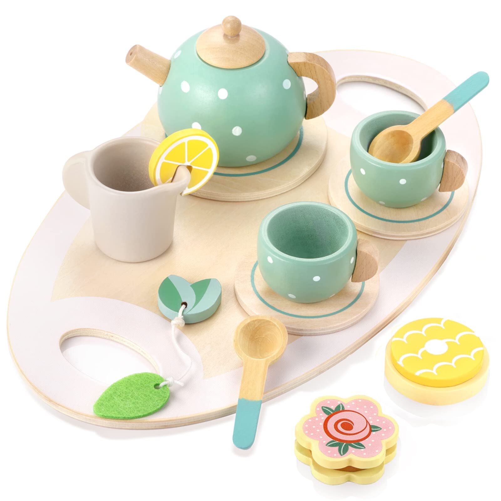 Wooden Tea Party Set for Little Girls 14 Pcs Toddler Tea Set Pretend Play Accessories Kids Kitchen Playset Wooden Toys for 3 4 5 6 Year Old Girl Birthday Gift Kid Odyssey