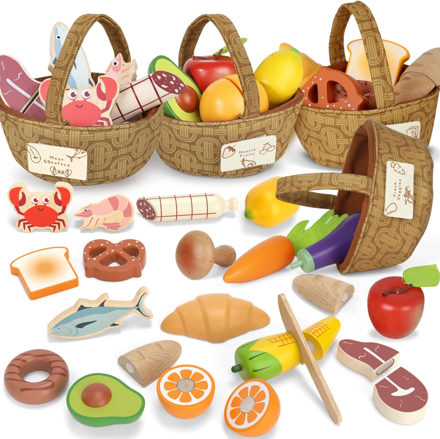 Wooden Pretend Play Food Sets for Kids Kitchen, Lehoo Castle Food Toys for Toddlers 3-5, 4 Set Lehoo Castle