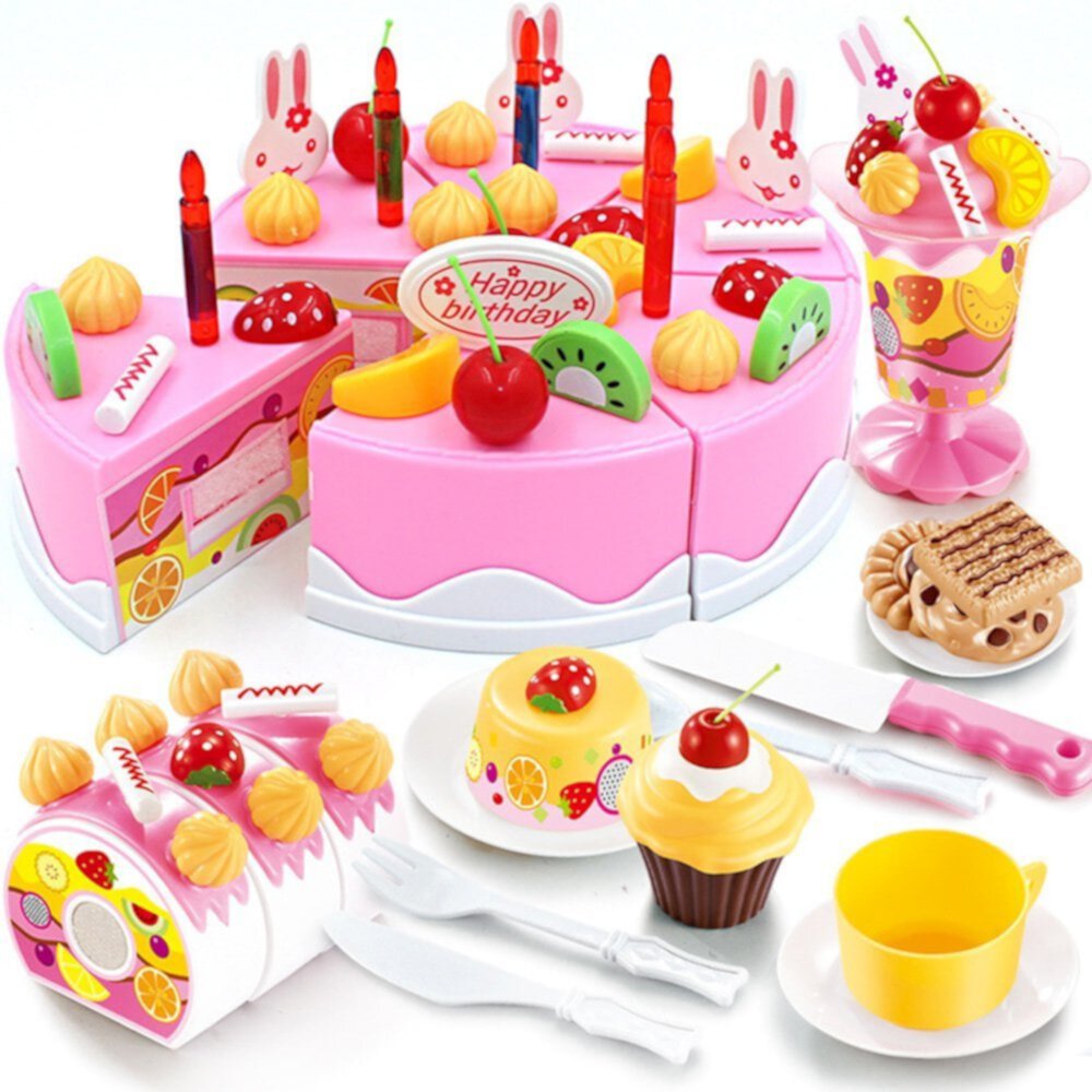 Birthday Cake Pink Toy Play Food Set 75 Pcs Plastic Kitchen Cutting Pretend Play Mundo Toys Mundo Toys