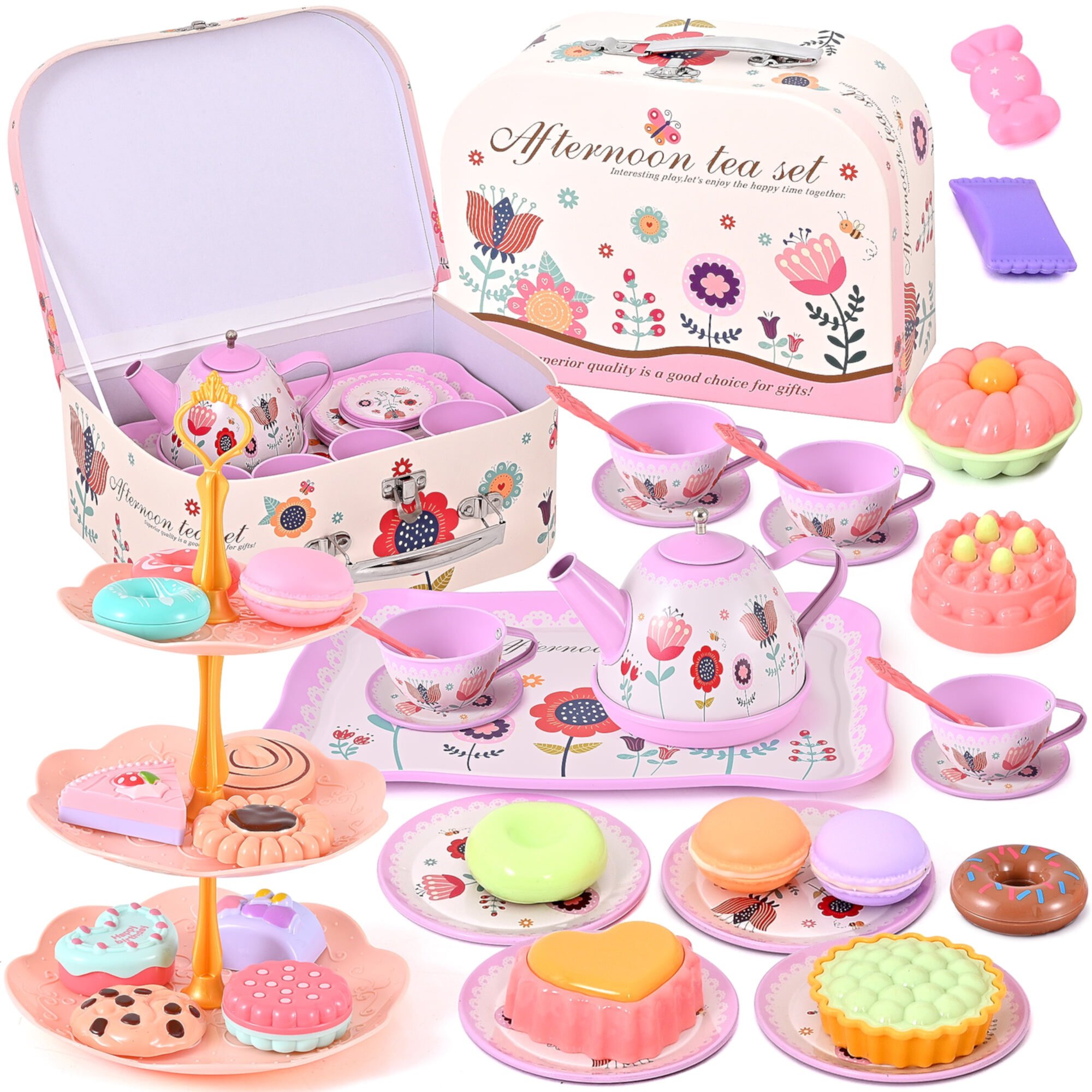 45PCS Tea Party Set, Gift for Girls Princess Tea Party Set Kitchen Pretend Toys with Tin Teapot, Cups, Plates and Carrying Case. Cake, Food for 3+Girls Topfox