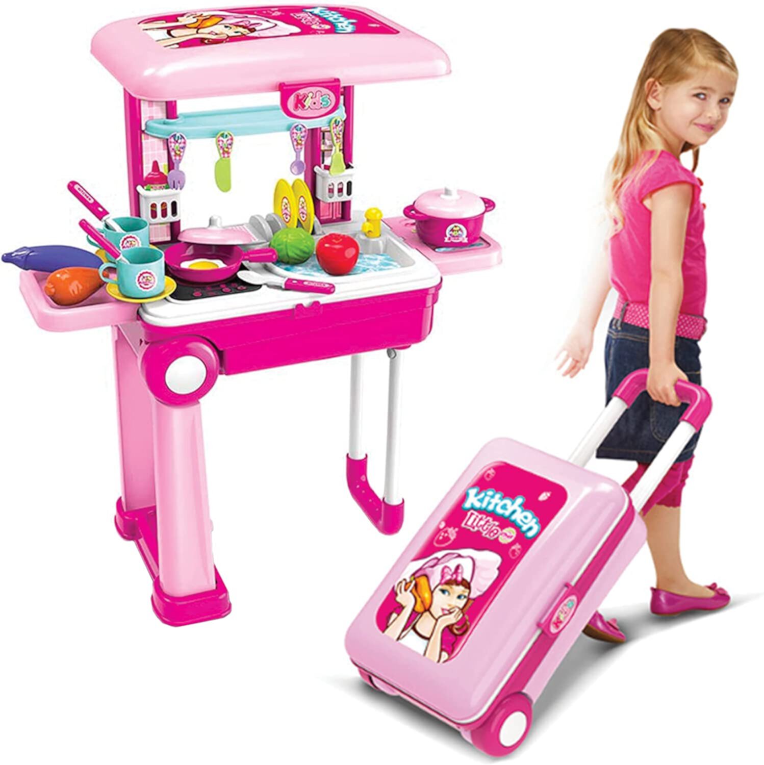 RUVINCE Pink Kids Kitchen Playset - Toddler Kitchen Set w/ Travel Suitcase RUVINCE