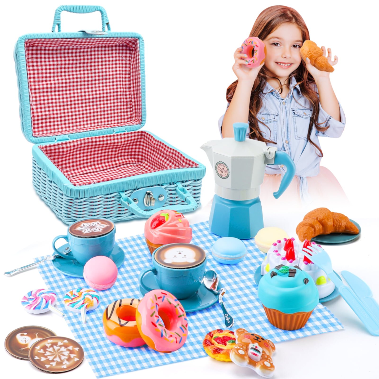 Crtynell Tea Party Set for Little Girls, 30 Pcs Picnic Basket Set with Carry Case, Teapot, Tea Cup, Dessert & Table Cloth, Pretend Play Toy Gifts for Kids 4 5 6 Year Old (Blue) Crtynell