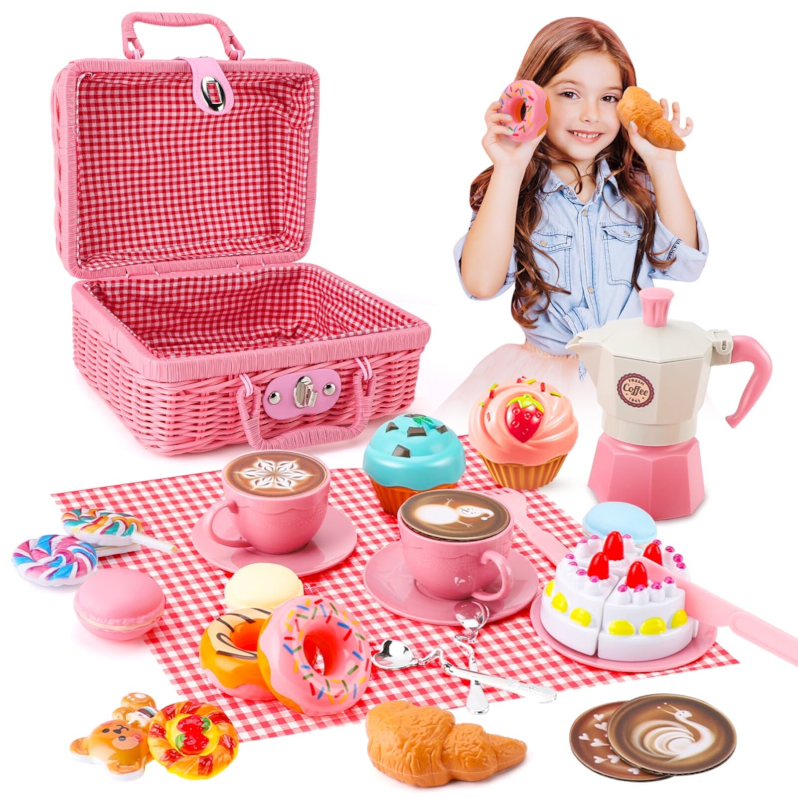 Crtynell Tea Party Set for Little Girls, 30 Pcs Picnic Basket Set with Carry Case, Teapot, Tea Cup, Dessert & Table Cloth, Pretend Play Toy Gifts for Kids 4 5 6 Year Old (Pink) Crtynell