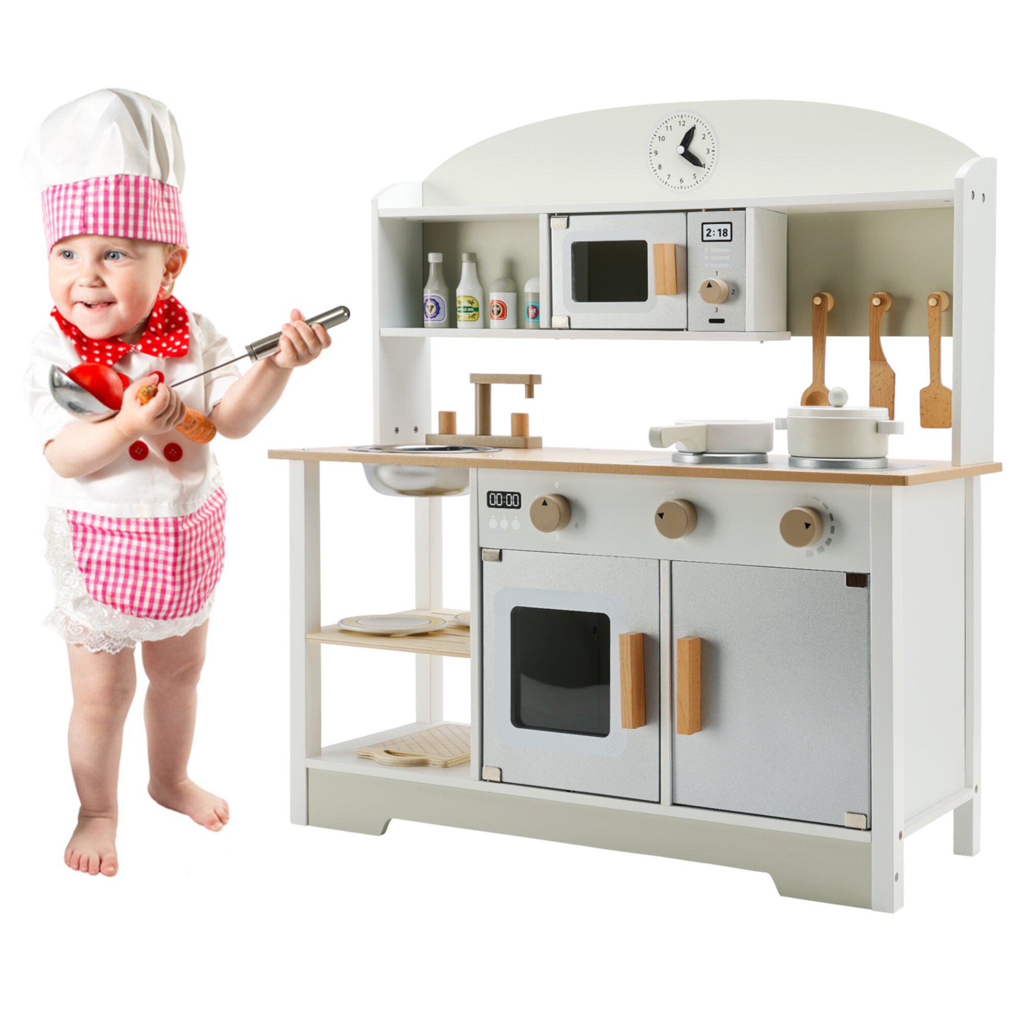 Kids Play Kitchen Set Toy, Wooden Pretend Chef Cooking Play Set with Realistic Sound, Microwave, Pan, Sink, Cookware Accessories Kitchen Set for Toddlers, Boys, Girls, Gift for Ages 3+ Bruce & Shark