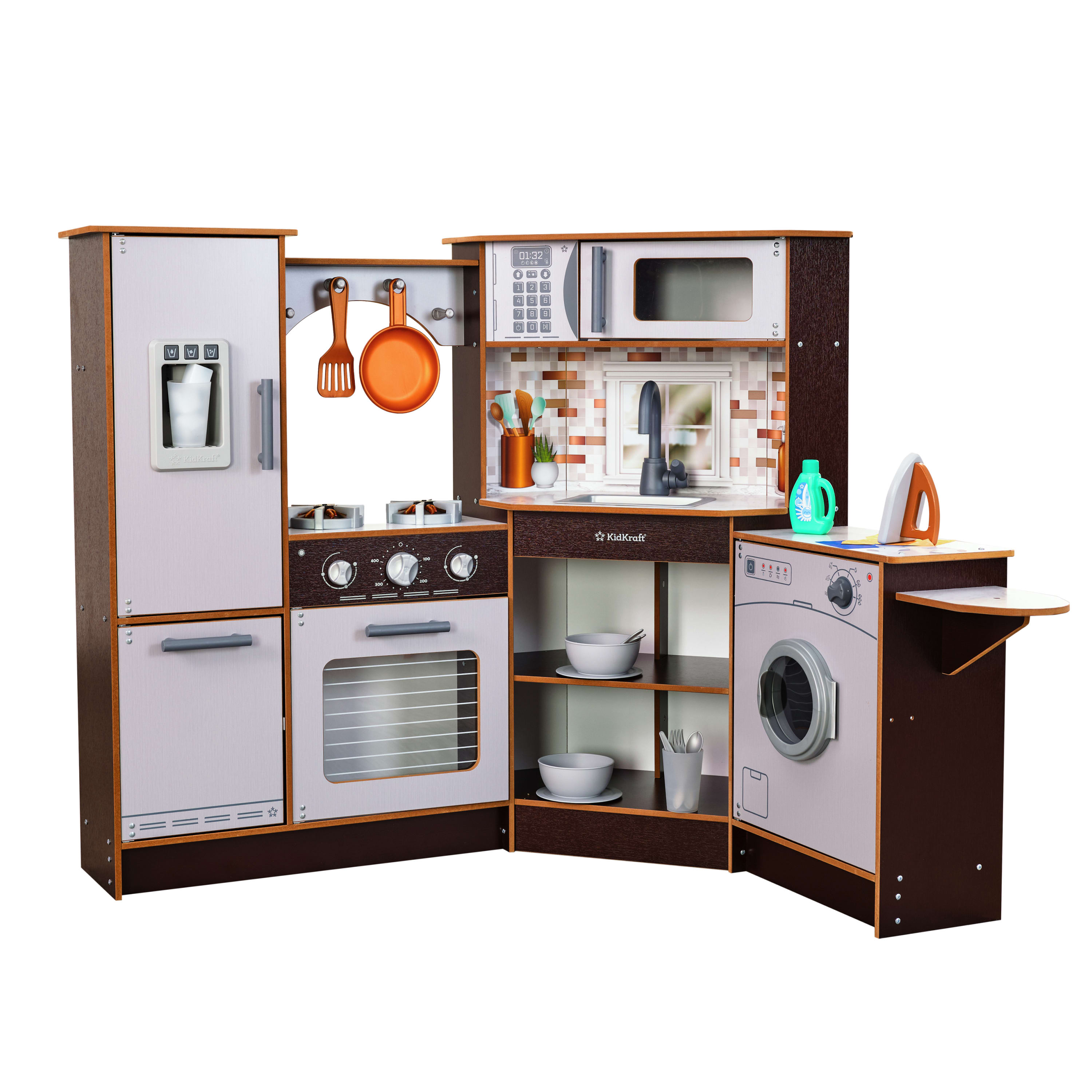 KidKraft Elegant Espresso Wooden Corner Play Kitchen with 19 Accessories, for Children 3+ KidKraft