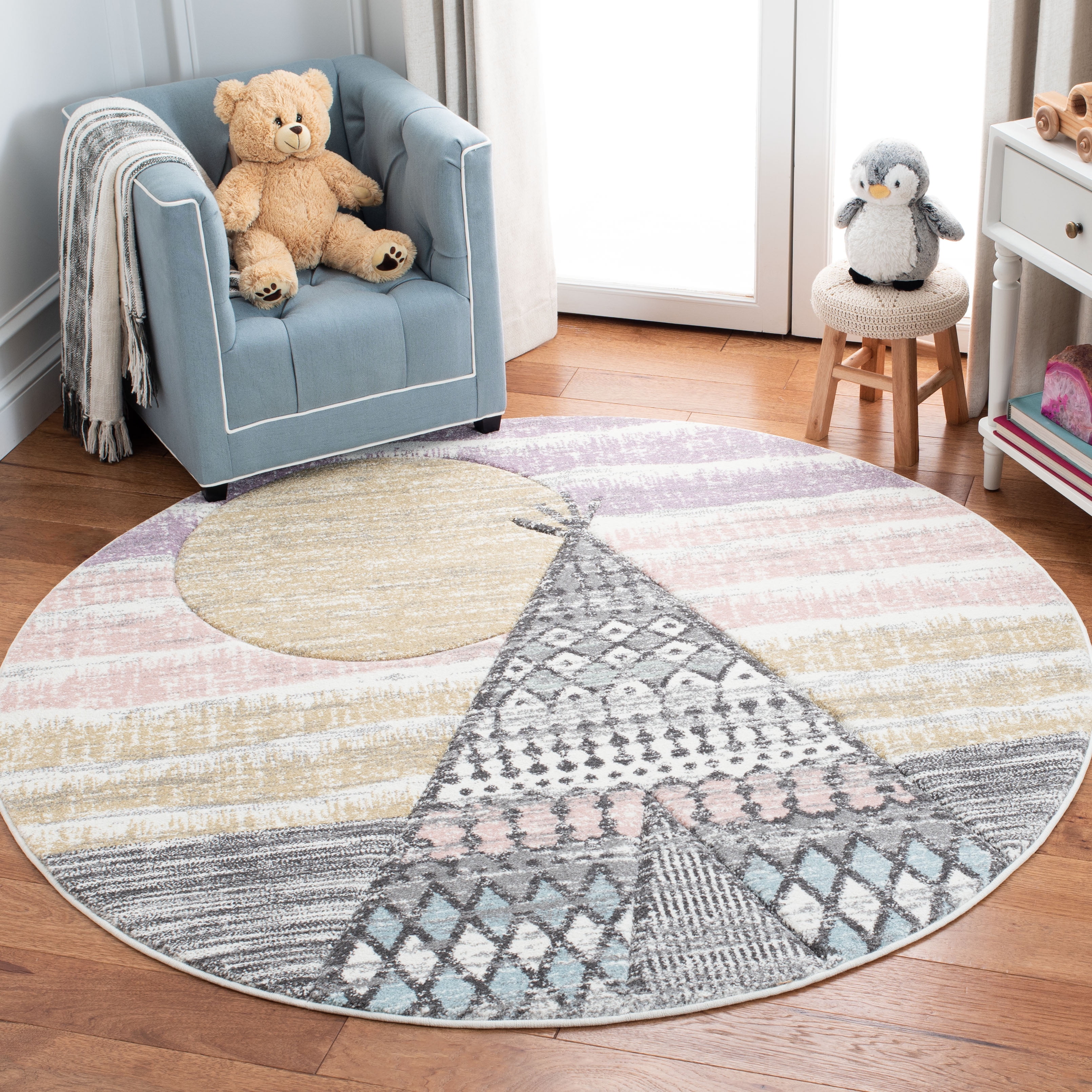 SAFAVIEH Carousel Kids Southwestern Teepee Area Rug, Grey/Pink, 3' x 3' Round Safavieh