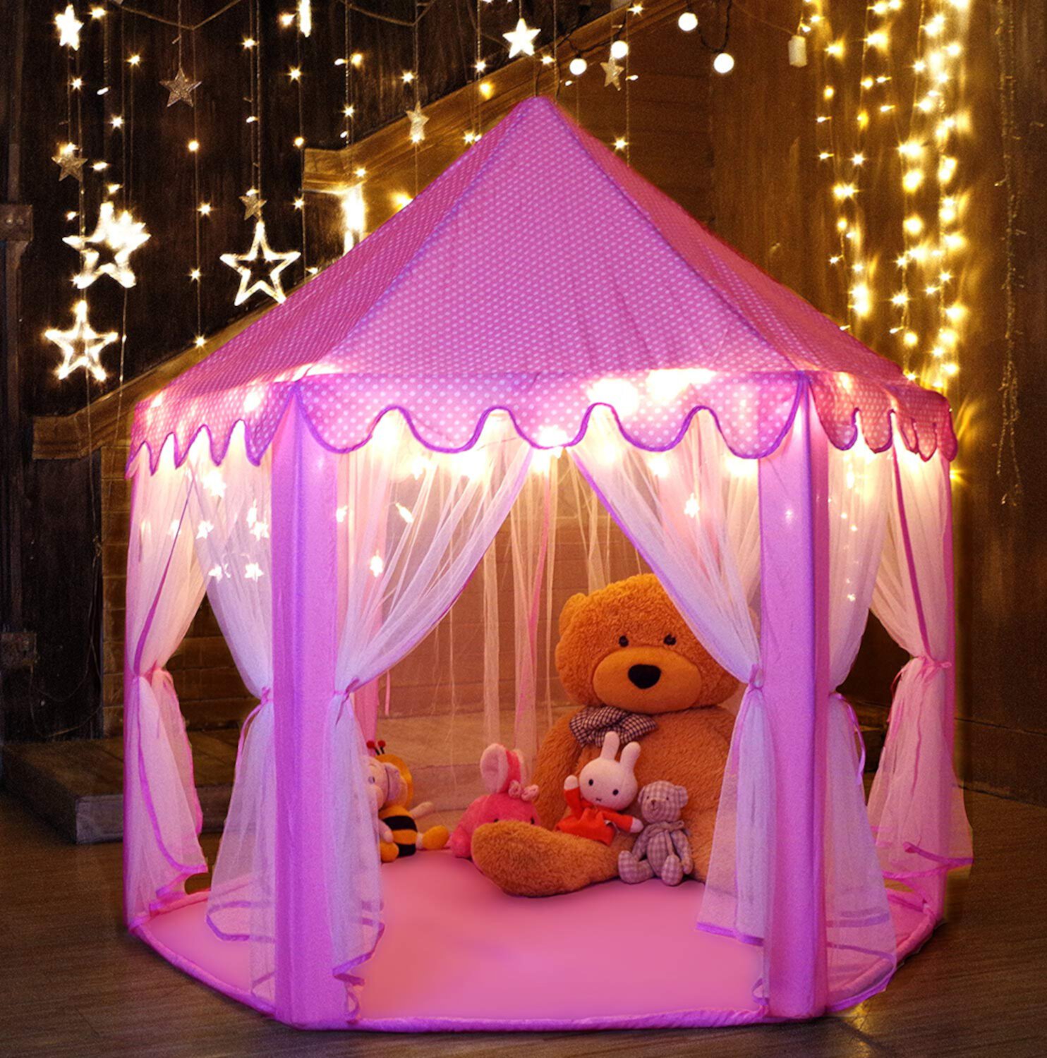 WALFRONT Princess Castle Playhouse Kids Play Tent Outdoor and Indoor Children Girls Pink Play Tent Gift with Star Lights (55"x53"/DxH) Walfront