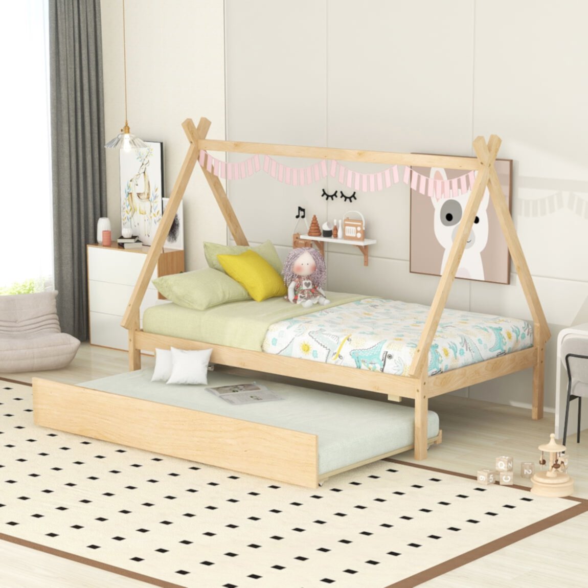 Twin Size Tent Floor Bed with Pull-Out Trundle, Wooden Teepee Bed House Bed with Wood Slats Support, Tent Floor Bed Montessori Bed for Toddler Kids Boys Girls, Easy Assembly, Natural Triple Tree