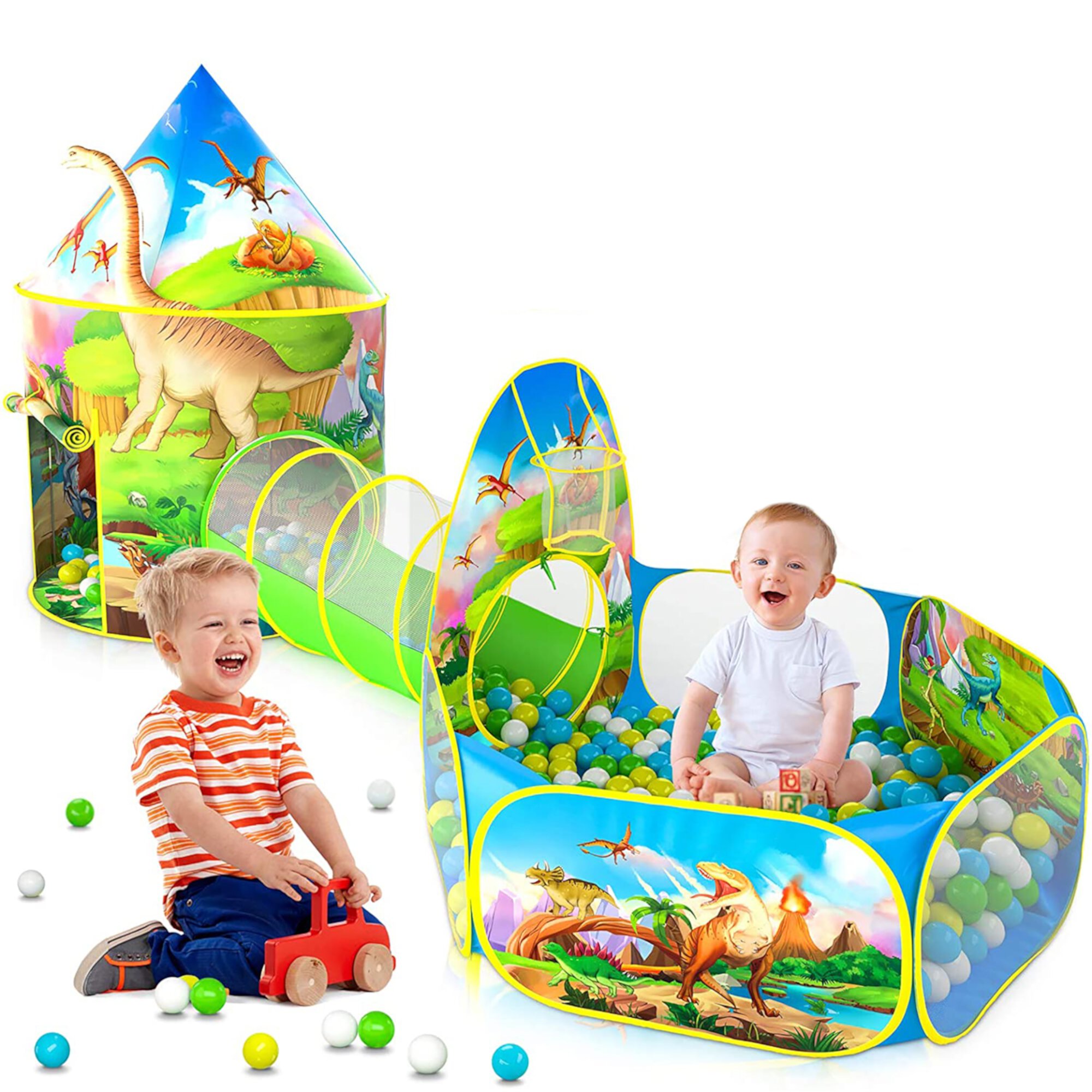 Wilwolfer 3PC Dinosaur Kids Play Tent for Toddlers with Baby Ball Pit & Pop-up Tunnel Indoor Outdoor Polyester Toys Wilwolfer