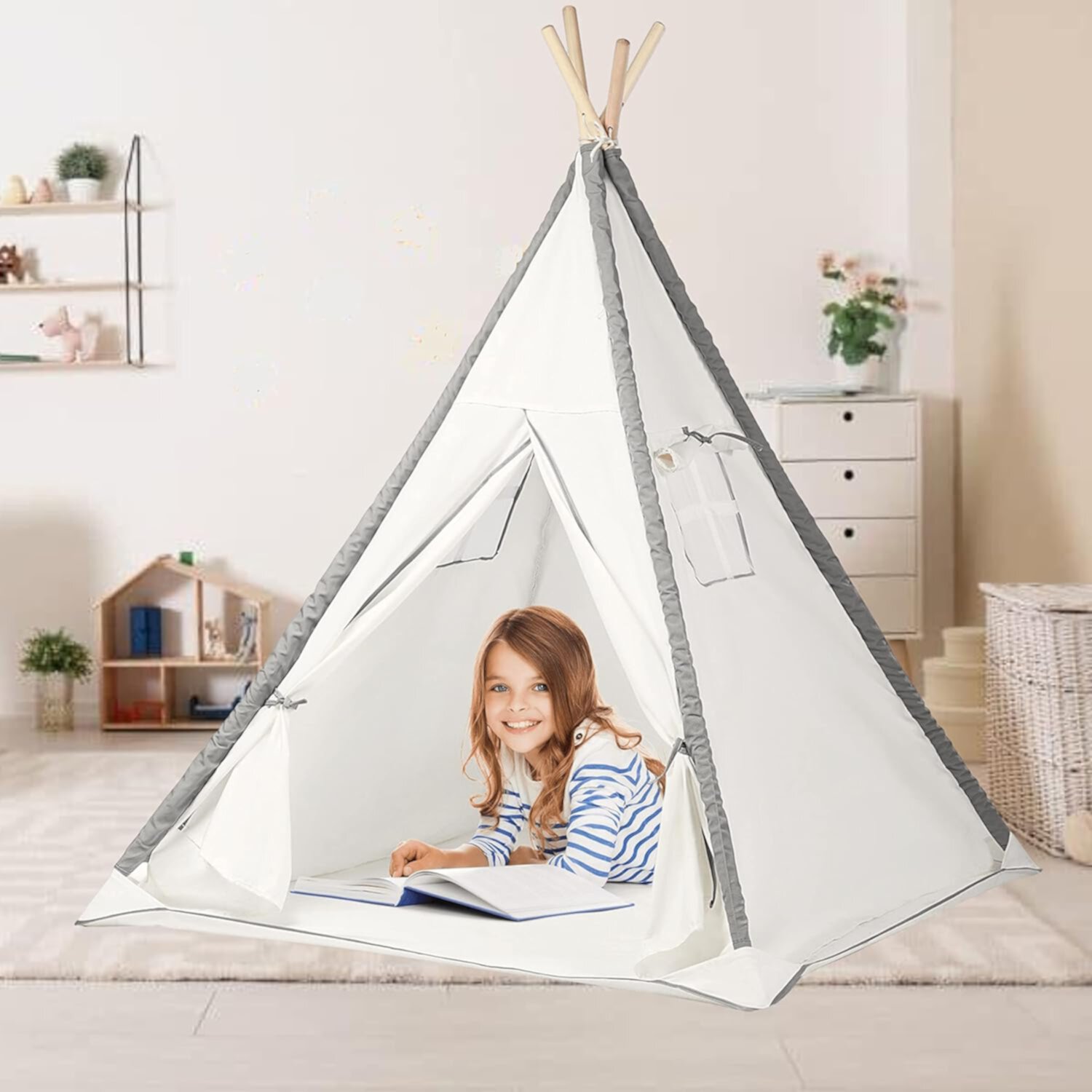 Teepee Tent For Kids With Mat - Foldable Kids Natural Cotton Canvas Teepee Play Tent With Wood Poles And Carry Case - Play Tents For Girls Boys, Indoor Outdoor Kids Playhouse Tent -Play22USA Play22