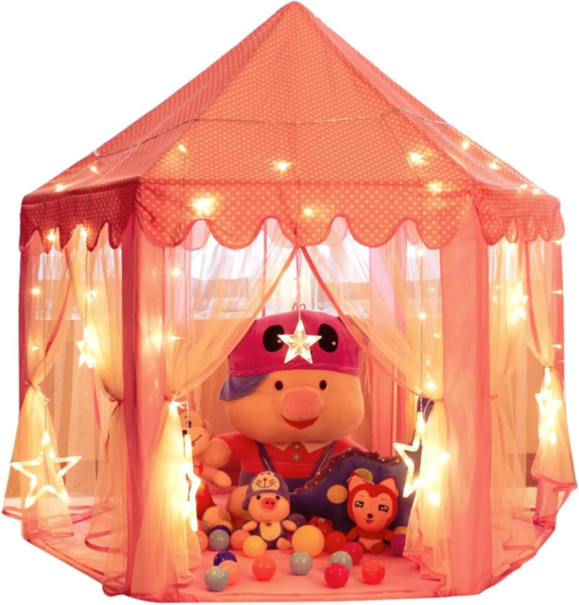 Kids Play Tent, Pink Hexagon Princess Castle Playhouse W/ Star Lightsfor Children or Toddlers Indoor or Outdoor Games Fun 55" x 53" FAGINEY