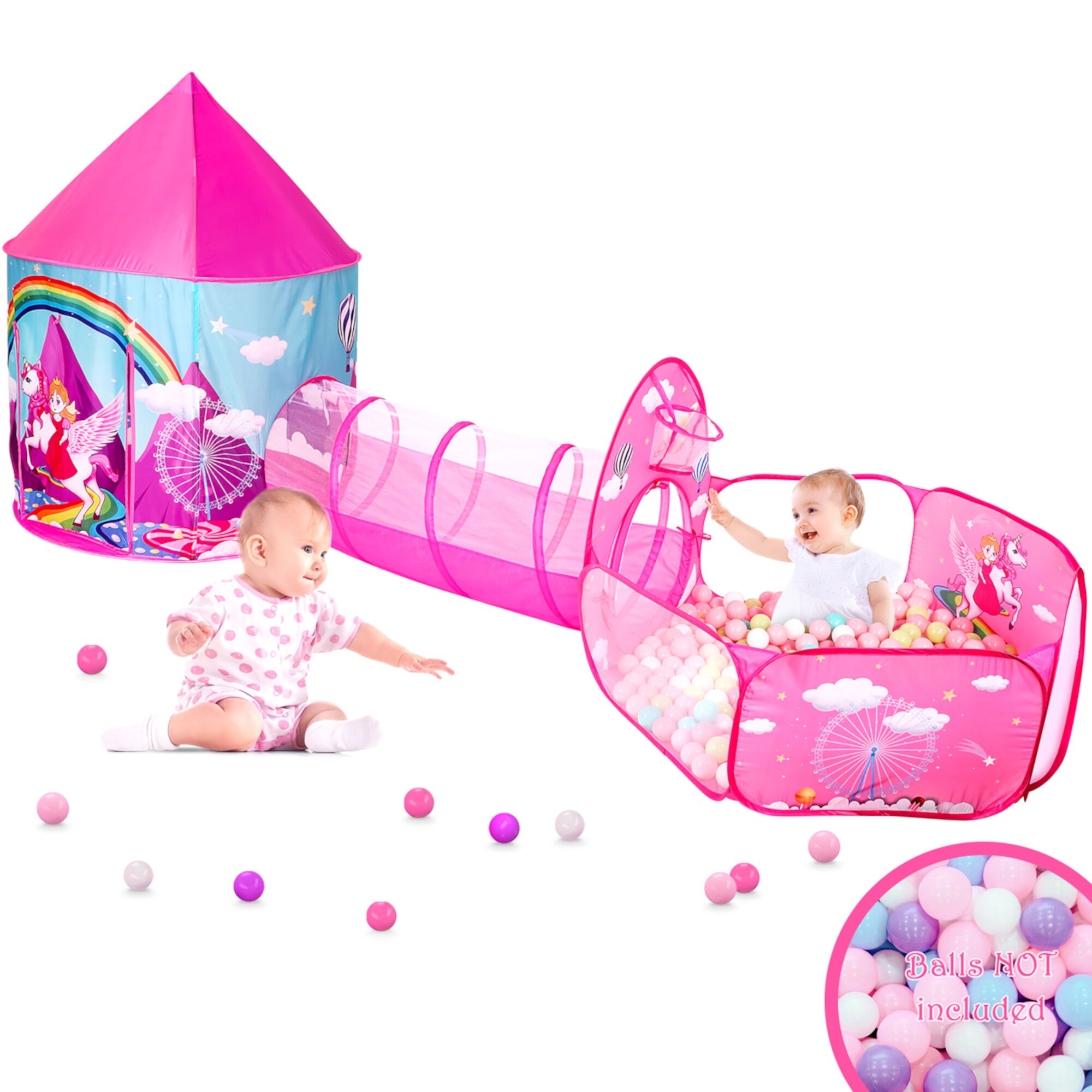 Wilwolfer 3pc Girls Princess Castle Ball Pit for 3 6 Years Kids Toddlers Play Tent with Crawl Tunnel  Indoor Outdoor Wilwolfer