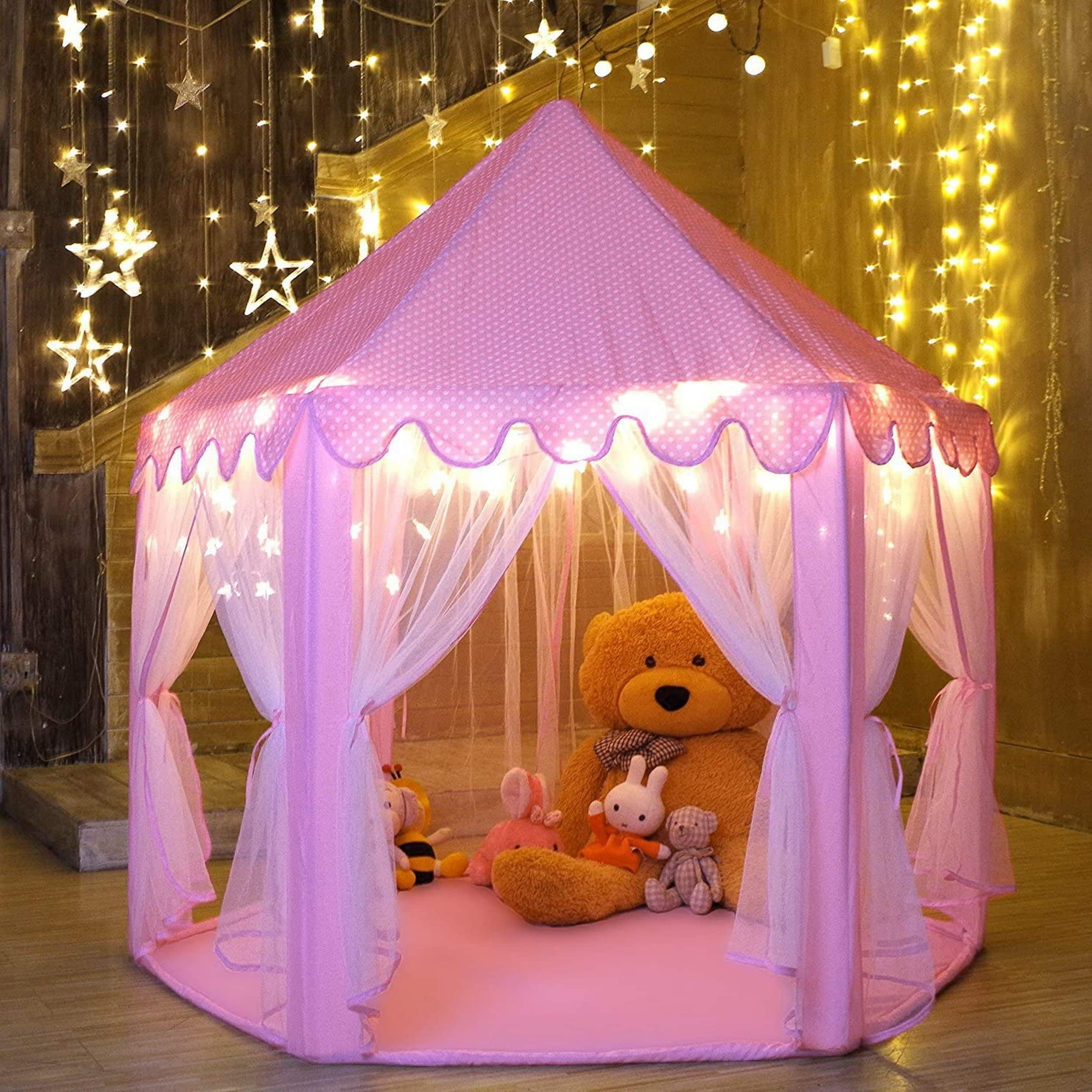 55'' x 53'' Girls Large Princess Castle Play Tent with Star Lights - Pink_1pc Bed Bath & Beyond