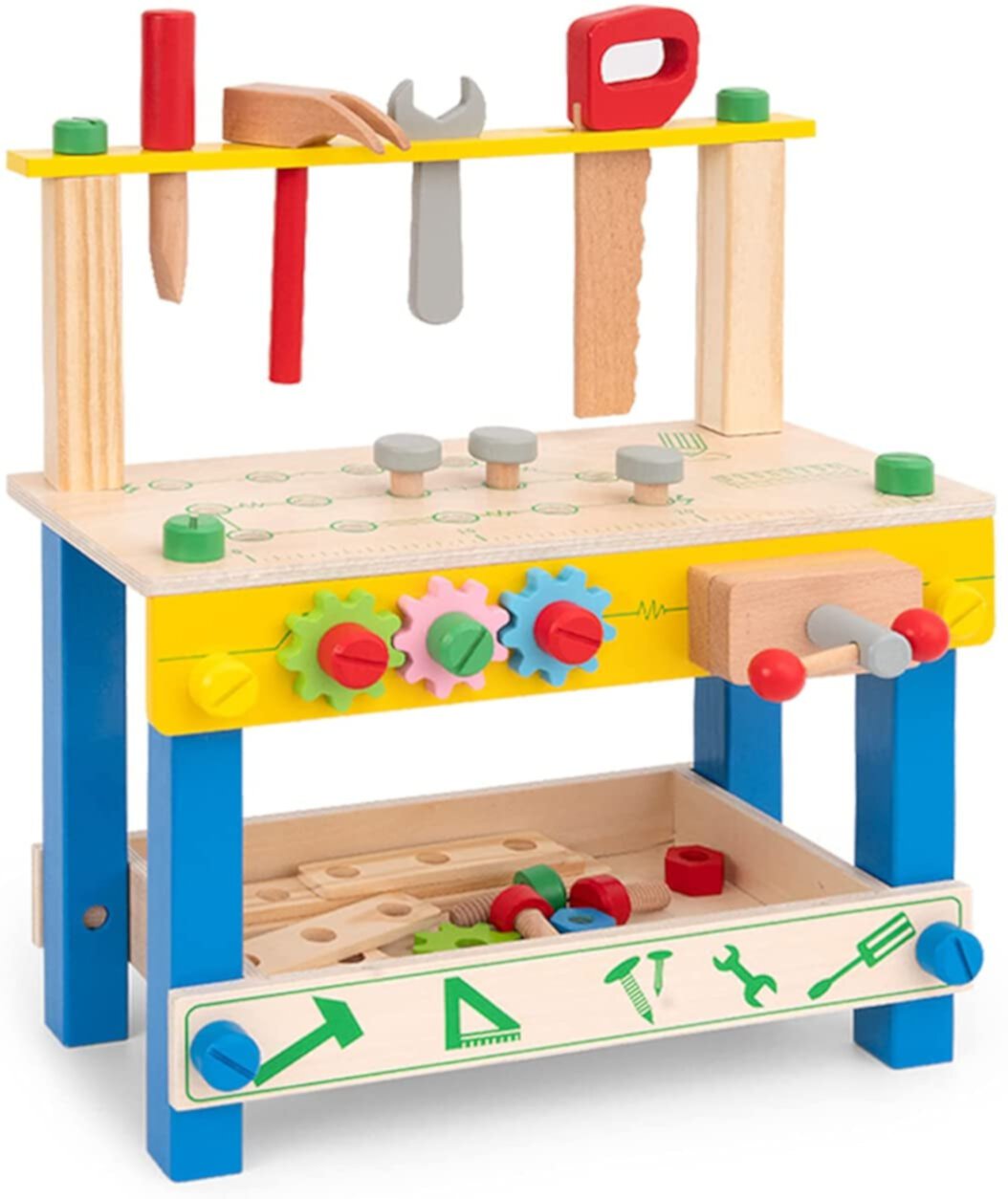 ROBUD Wooden Tool Bench Set for Kids Toddlers, Pretend Play Toy Kit - with Take-Along Tool Box and Accessory Play Set ROBUD