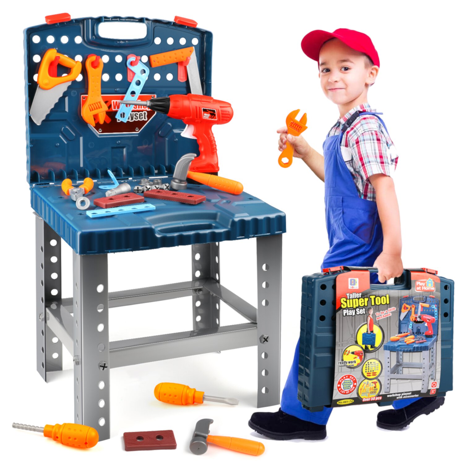 Beefunni 56 Pcs Kids Tool Bench Play Set, Foldable Pretend Workbench Accessories, Realistic Power Tools Workshop Construction Toys with Drill, Christmas Gift Toys for Boys Girls 3 4 5 6+ Beefunni