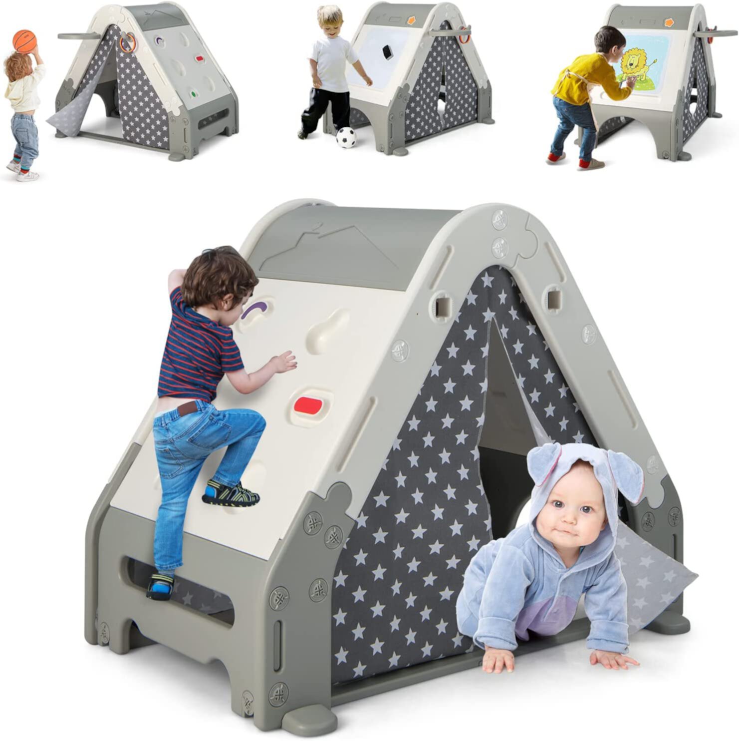 INFANS Triangle Climber with Tent, Kids Hideaway Play Tent with Art Easel, Rock Wall Climbing, Waterproof Tent Cover, Crawling Tunnel Toy Activity Play Set for Toddlers Indoor Outdoor … INFANS