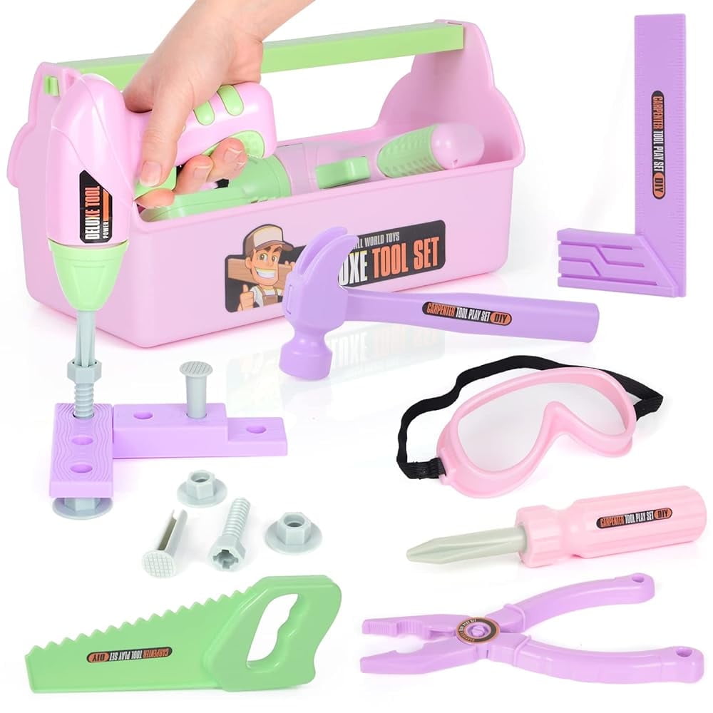 Kids Tool Set, 19 PCS Pretend Play Tool Toy for Girls, STEM Toy Tools with Drill Hammer, Birthday Christmas Gift for Toddler Kids Ages 3 4 5 6 (Pink) EXERCISE N PLAY