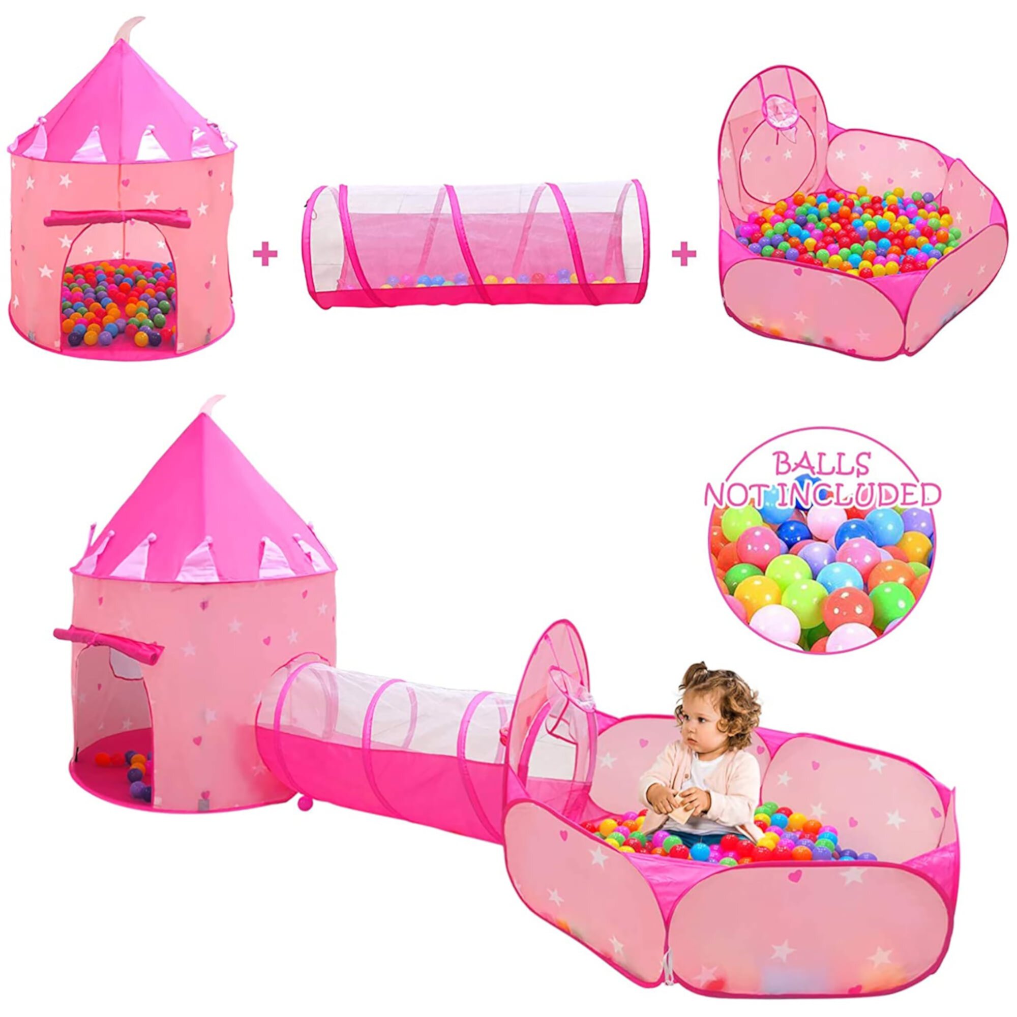 Wilwolfer 3pc Pink Kids Play Tent Ball Pit for Toddlers Girls with Baby Tunnel Pop up Princess Toys Indoor Outdoor Wilwolfer