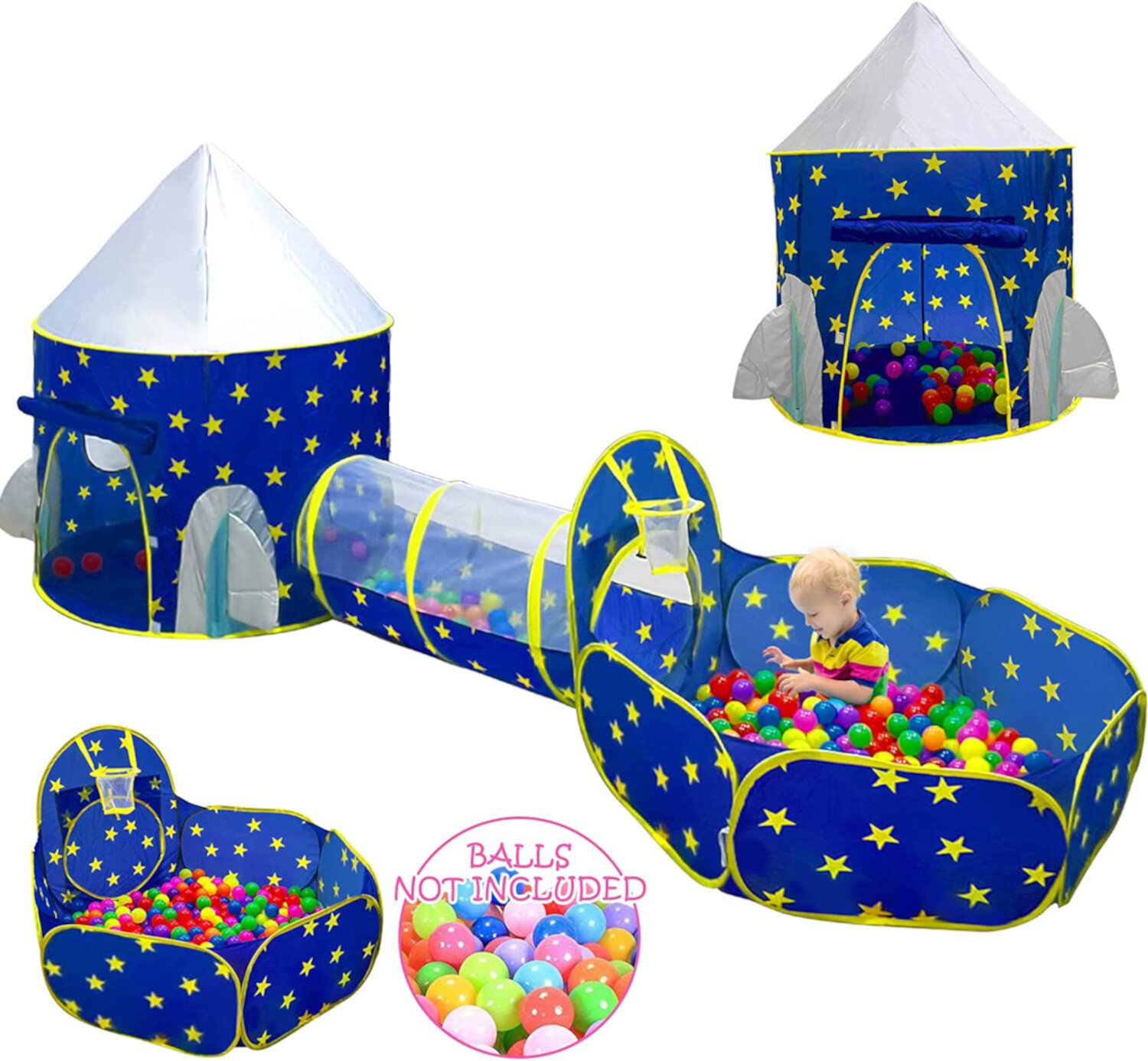 Wilwolfer Spaceship 3pc Toddler Pop up Kids Play Tent with Tunnel and Ball Pit for 3/6 Years Kids Boys Babys Indoor Wilwolfer