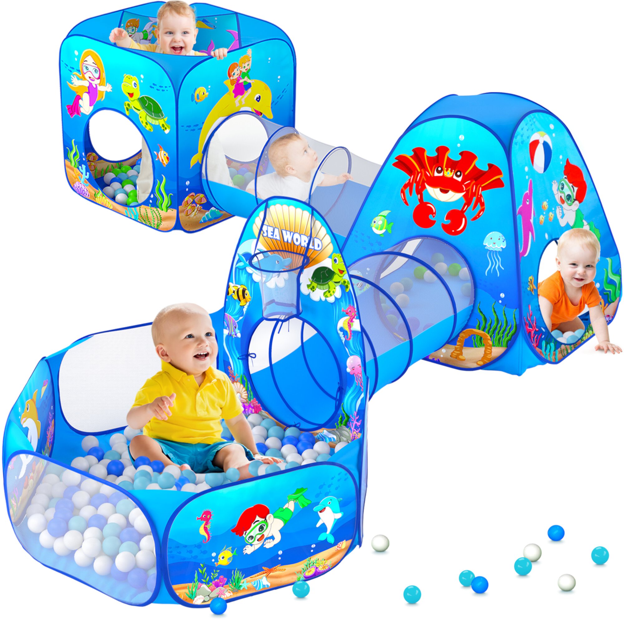 Wilwolfer Polyester 5pc Kids Crawl Tunnel Tent with Pop up Ball Pit for 3-8 Years Toddlers Indoor Outdoor Wilwolfer