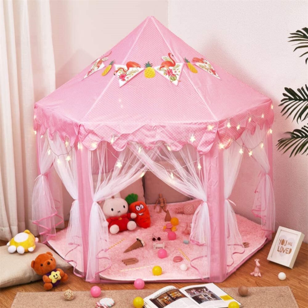 Pink Princess Castle Play Tent with Star Lights, Indoor Kids Playhouse Teepee,Birthday Christmas Gift For Kids Wilwolfer