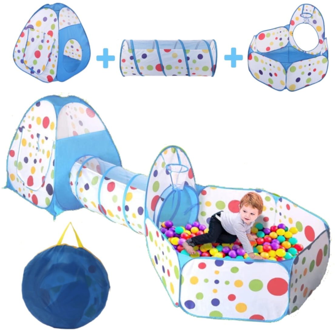 3-in-1 Kids Tunnel Tent with Ball Pit for Girls Boys Age 3 4 5 6 7 Kids Play Tent with Ball Pit & Basketball Hoop, Tunnel for Baby Big Kids Indoor Outdoor Play Tent( No Balls) FAGINEY