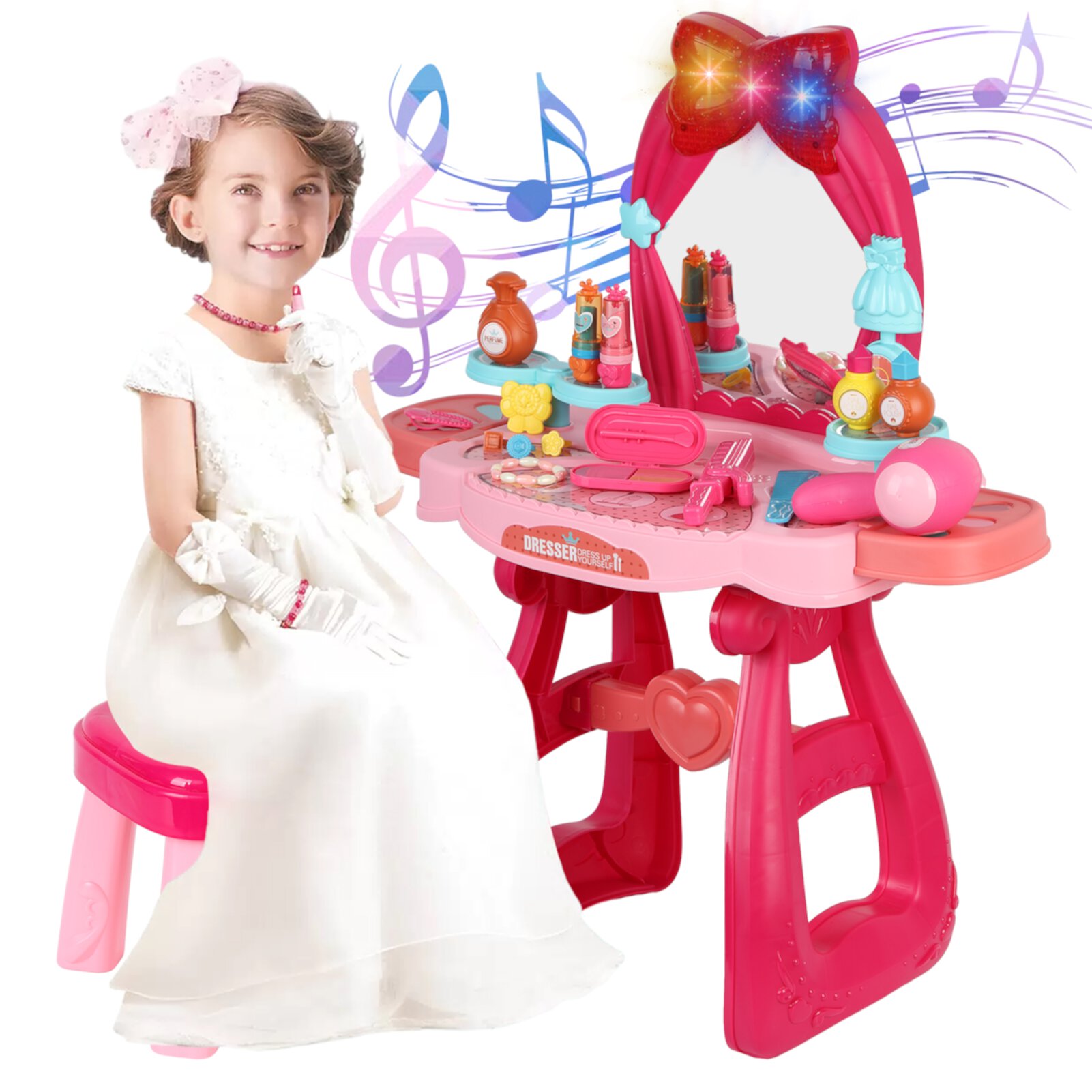 Kinaerty Kids Vanity Set with Mirror Chair Toddler Vanity Toys for 2 3 4 5 Year Old Girls Children's Toy Makeup Table with Pretend Play Toys Colorful Light Toddler Vanity Toys for Kids Kinaerty