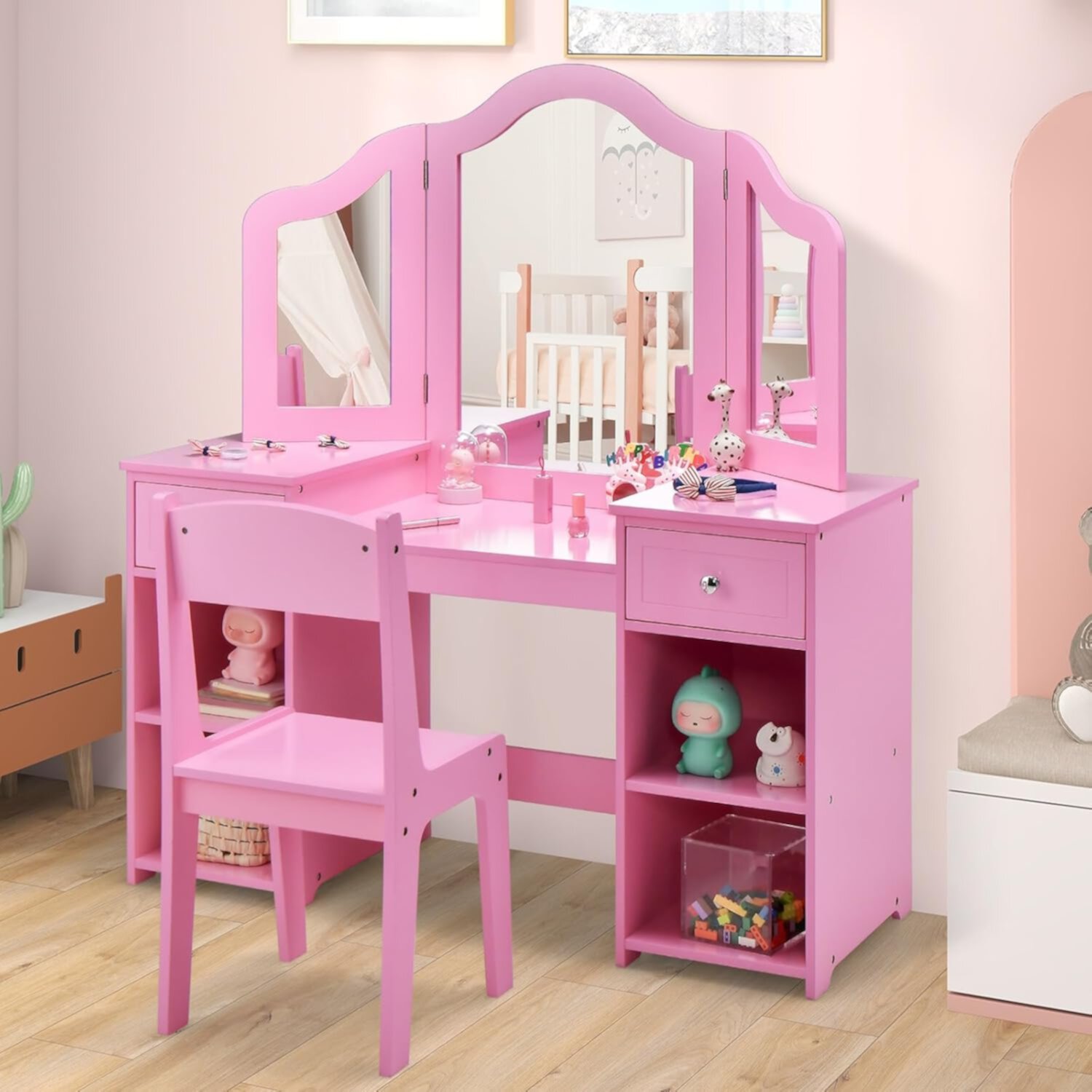 Vanity  2 in 1 Pink Wooden Dressing  and Chair Set for Toddlers with Tri-Folding Detachable Mirror   Shelves  Pretend Princess Beauty Make Up Play Set for Little Girls En