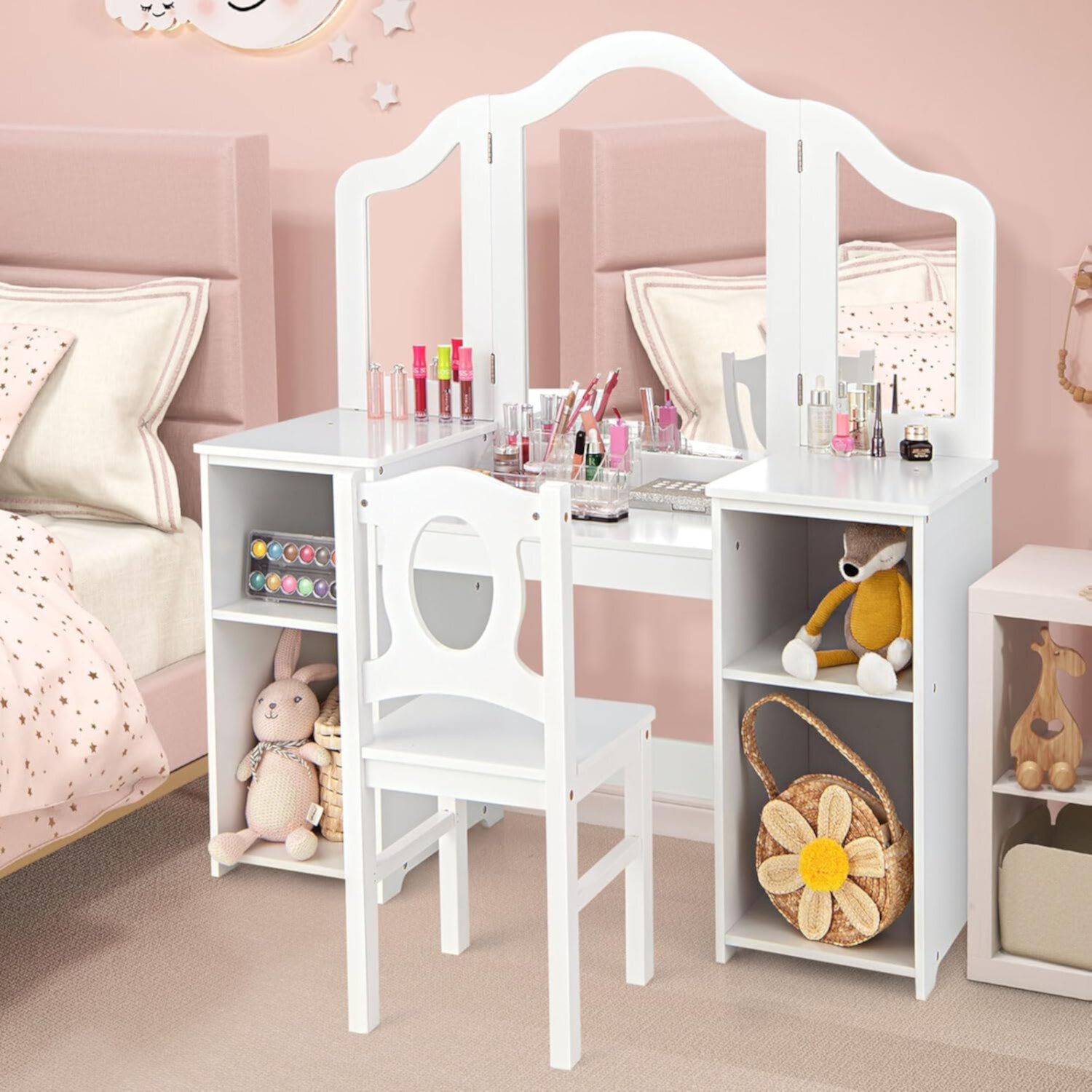 Vanity  2 in 1 Wooden Princess   and Chair for Toddlers with Tri-Folding Detachable Mirror   Drawers for Little Girls  Pretend Beauty Dressing Desk Play Set Toy Gift En