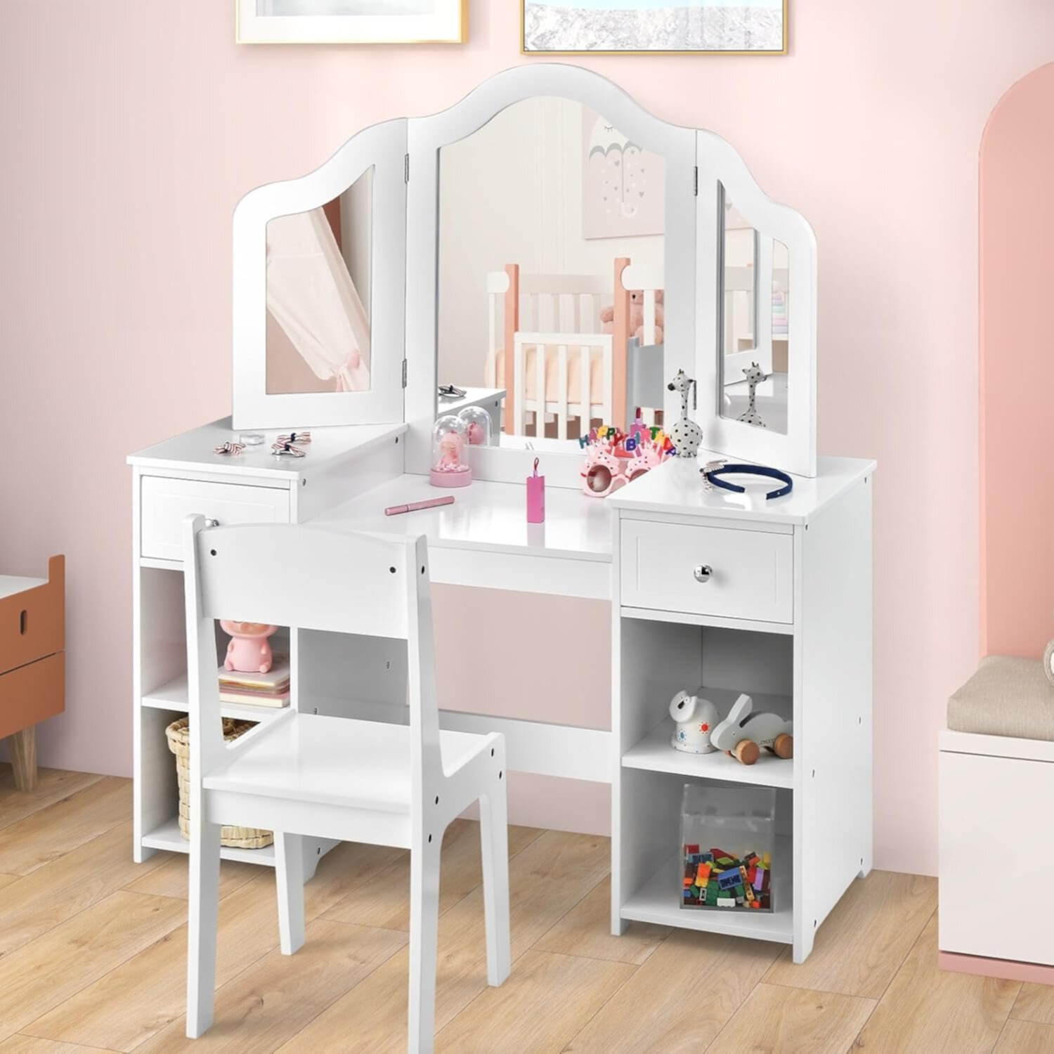 Vanity  2 in 1 Pink Wooden Dressing  and Chair Set for Toddlers with Tri-Folding Detachable Mirror   Shelves  Pretend Princess Beauty Make Up Play Set for Little Girls En