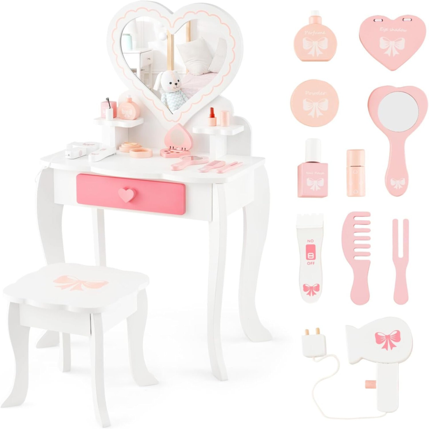 Vanity  Toddler Wooden  Vanity  &amp; Chair Set  10 Pcs Pretend Play Dressing Accessories Toy  Tri-Fold Princess Mirror  Little Girls Vanity Set with Mirror and Stool En