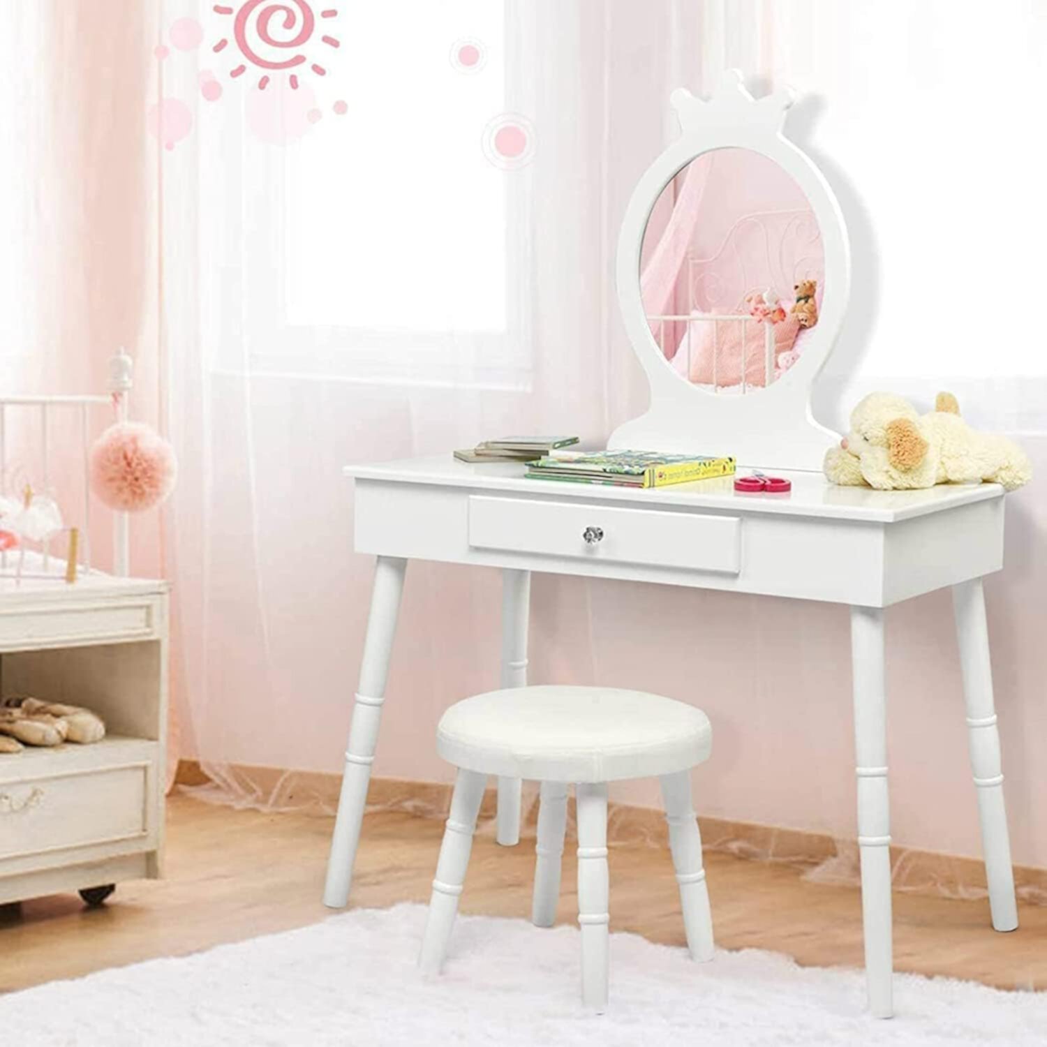 Vanity  Toddler Wooden  Vanity  &amp; Chair Set  10 Pcs Pretend Play Dressing Accessories Toy  Tri-Fold Princess Mirror  Little Girls Vanity Set with Mirror and Stool En