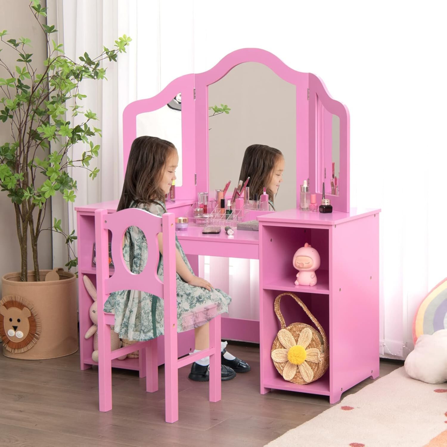 Vanity  2 in 1 Pink Wooden Dressing  and Chair Set for Toddlers with Tri-Folding Detachable Mirror   Shelves  Pretend Princess Beauty Make Up Play Set for Little Girls En