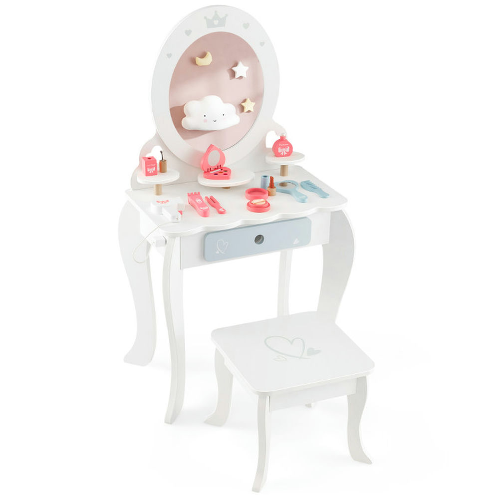 Barara King Kids Vanity Set,Makeup Table Chair Set,Kids 2-in-1 Princess Makeup Table and Chair Set with Removable Mirror-White Barara King