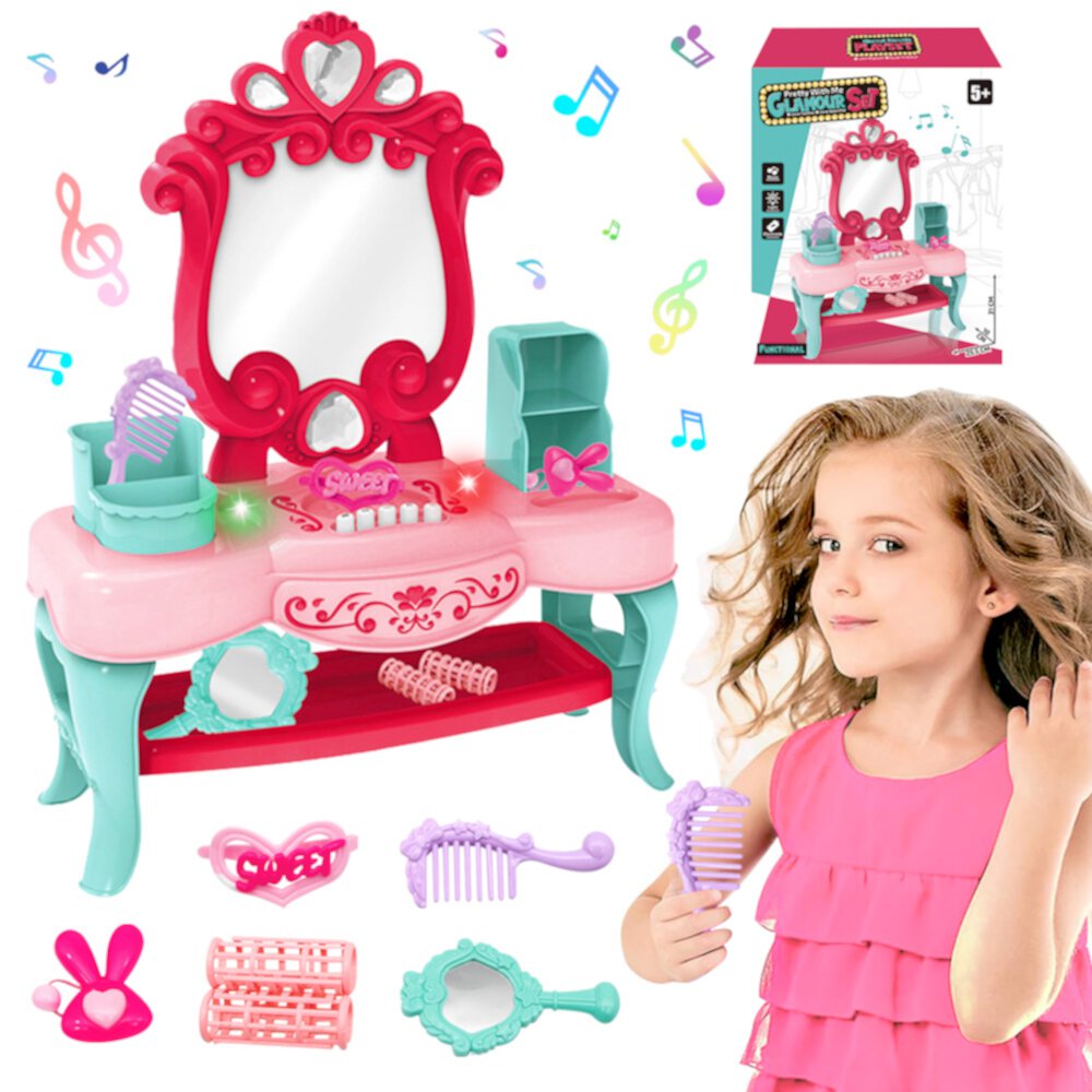 Pretend Vanity Set for Toddler Girls Age 2 3 4 5 Year Old, Kids Makeup Set with Magical Mirror Musical & Light-up, Birthday Gift Toy for Girls Age 3 4 Suorfoxs