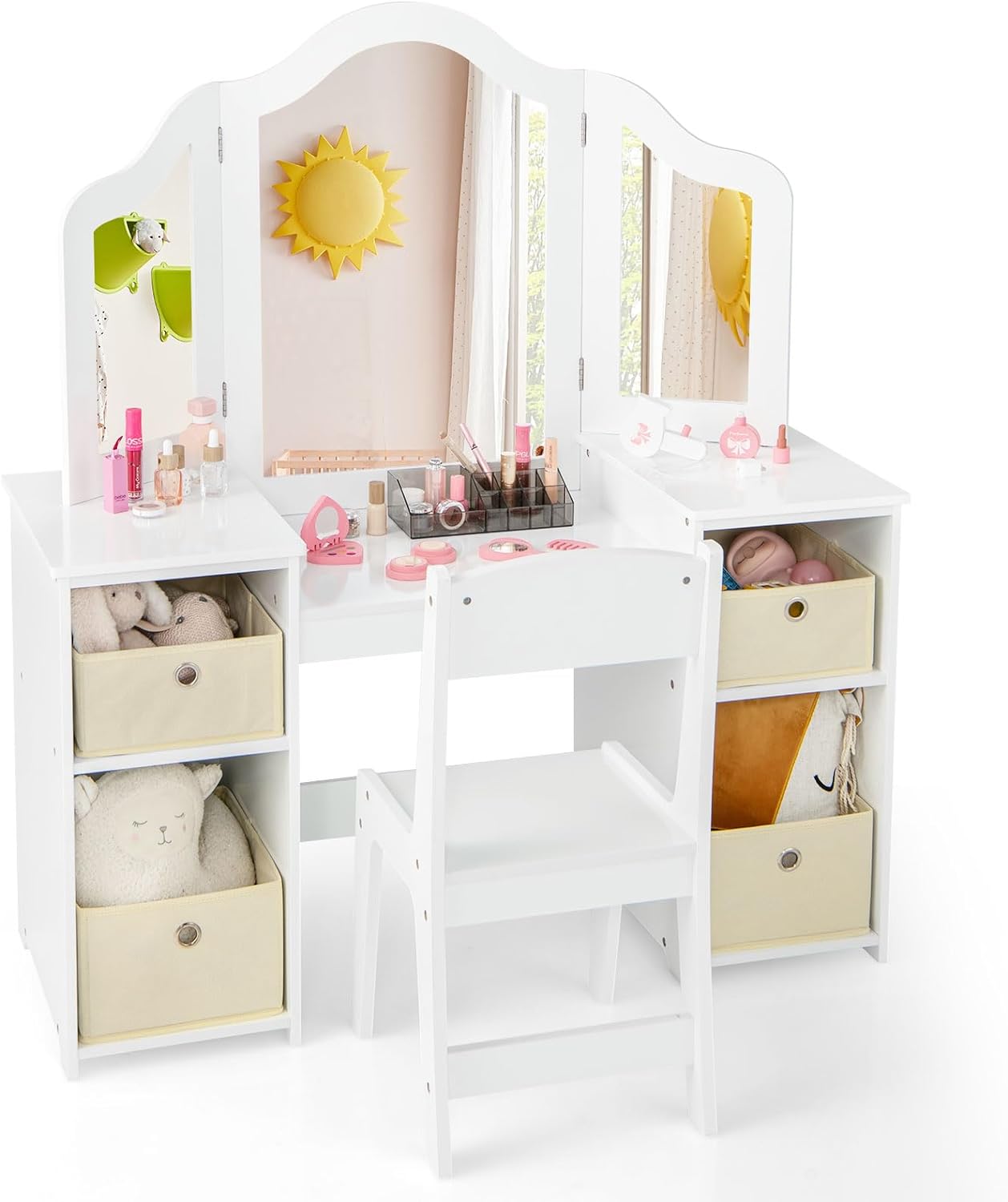 Pink  Vanity   Princess Dressing  with Tri-Folding Mirror  Open  Shelves &amp; 4 Boxes  Toddler Wooden   &amp; Chair Set  Pretend Play Vanity Set for Girls (Pink) En