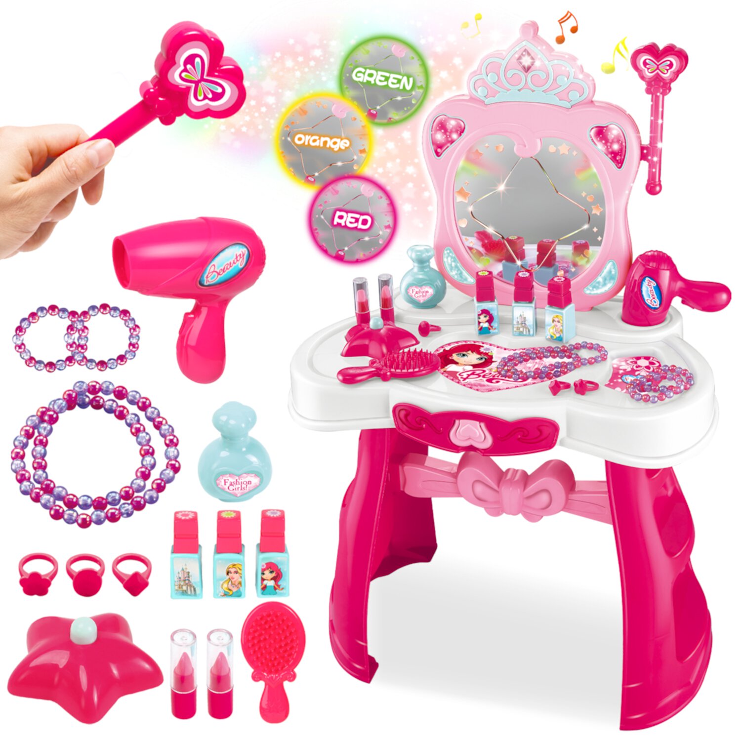 Flooyes Kids Vanity Set with Light and Sounds, Pretend Play Girls Makeup Vanity Table Set with Mirror & Magic Wand, Toy Gift for Toddlers Girls 3 4 5 6 Years Old Flooyes