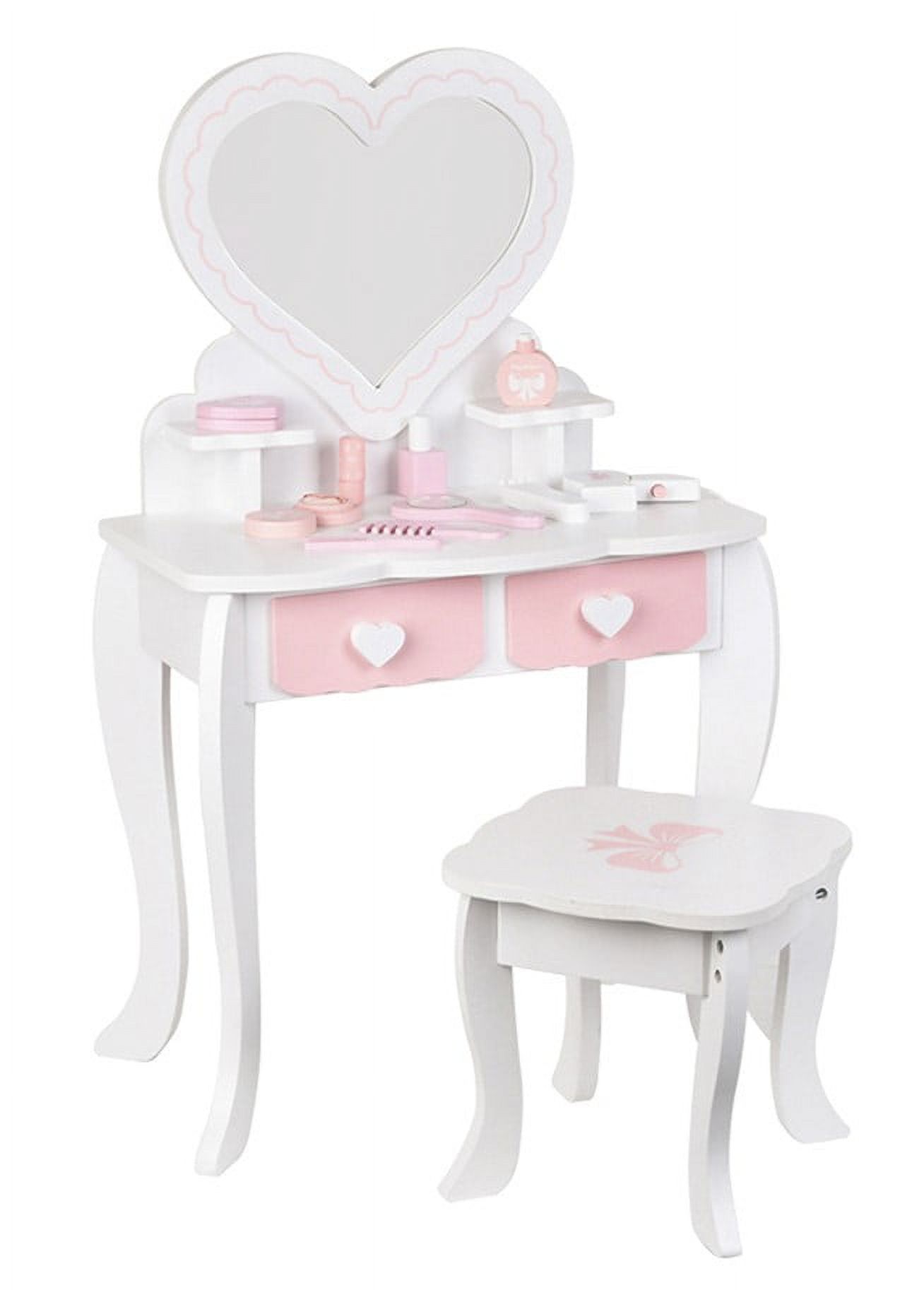 Kids Vanity Toy, Toddler Wooden Makeup Vanity Table & Chair Set, Pretend Play Dressing Accessories Toy, Princess Mirror, Girls Vanity Set White Bruce & Shark