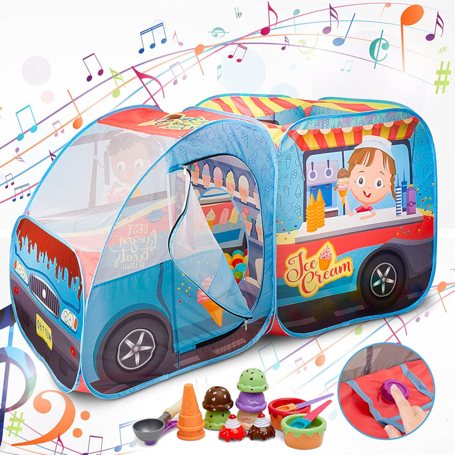 Ice Cream Truck Play Tent with 14 Pc. Pretend Play Food Set with Realistic Ice Cream Truck Sound Button - Pop Up Playhouse for Kids, Toddlers, Girls & Boys, Children’s Ball Pit, Indoor & Outdoor Tent Kiddzery