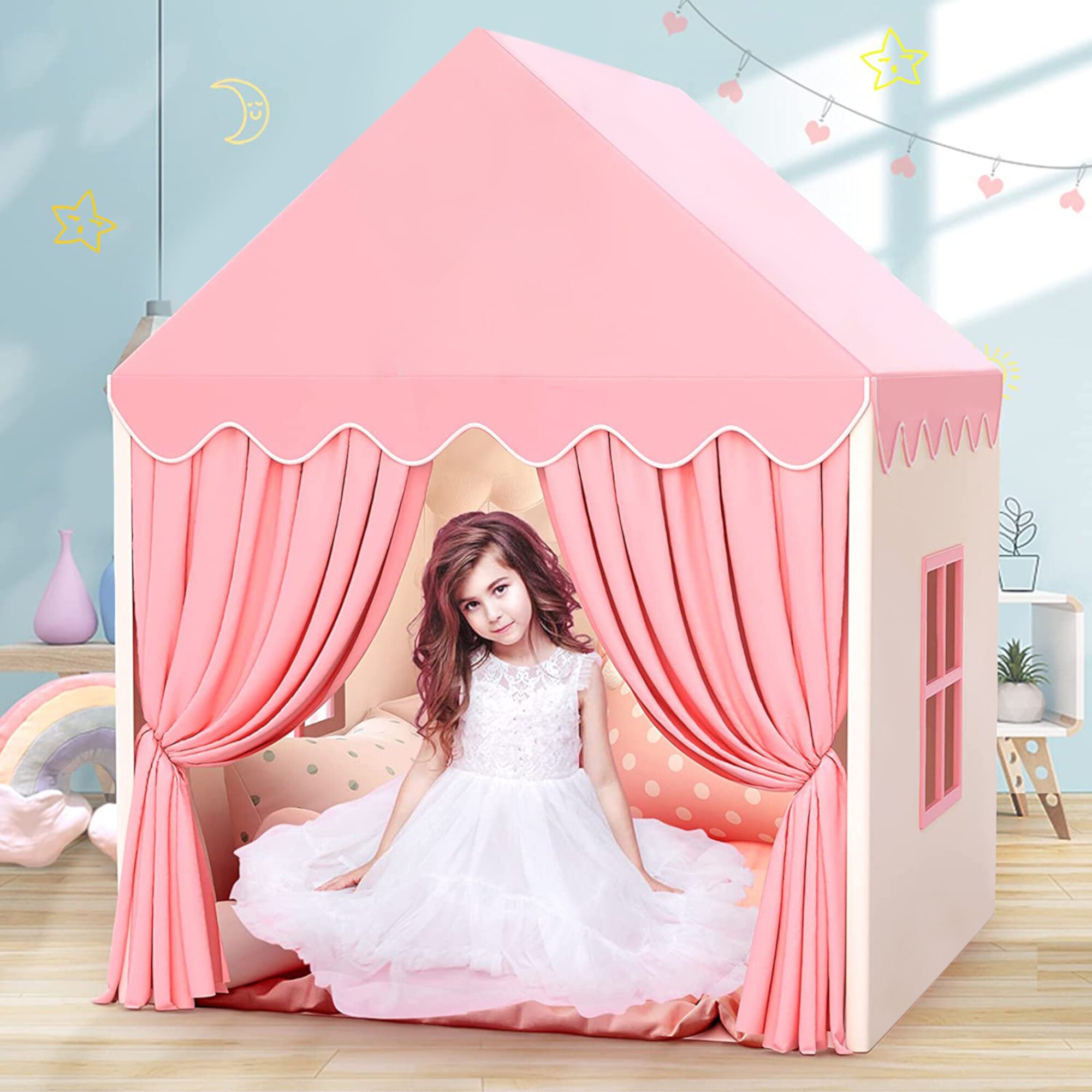 Wilwolfer Pink Kids Play Tent for Toddlers Girls Fairy Princess Toys Indoor Outdoor Canvas Playhouse Wilwolfer