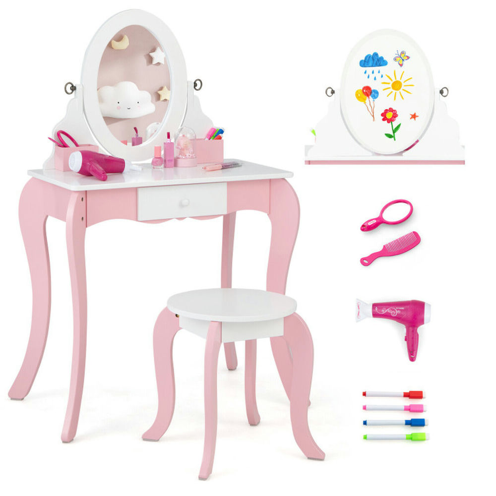 GVN Pretend Kids Vanity Set with 360° Rotatable Mirror and Play Accessories, Kids Vanity Table and Chair Set for Girls Kids GVN