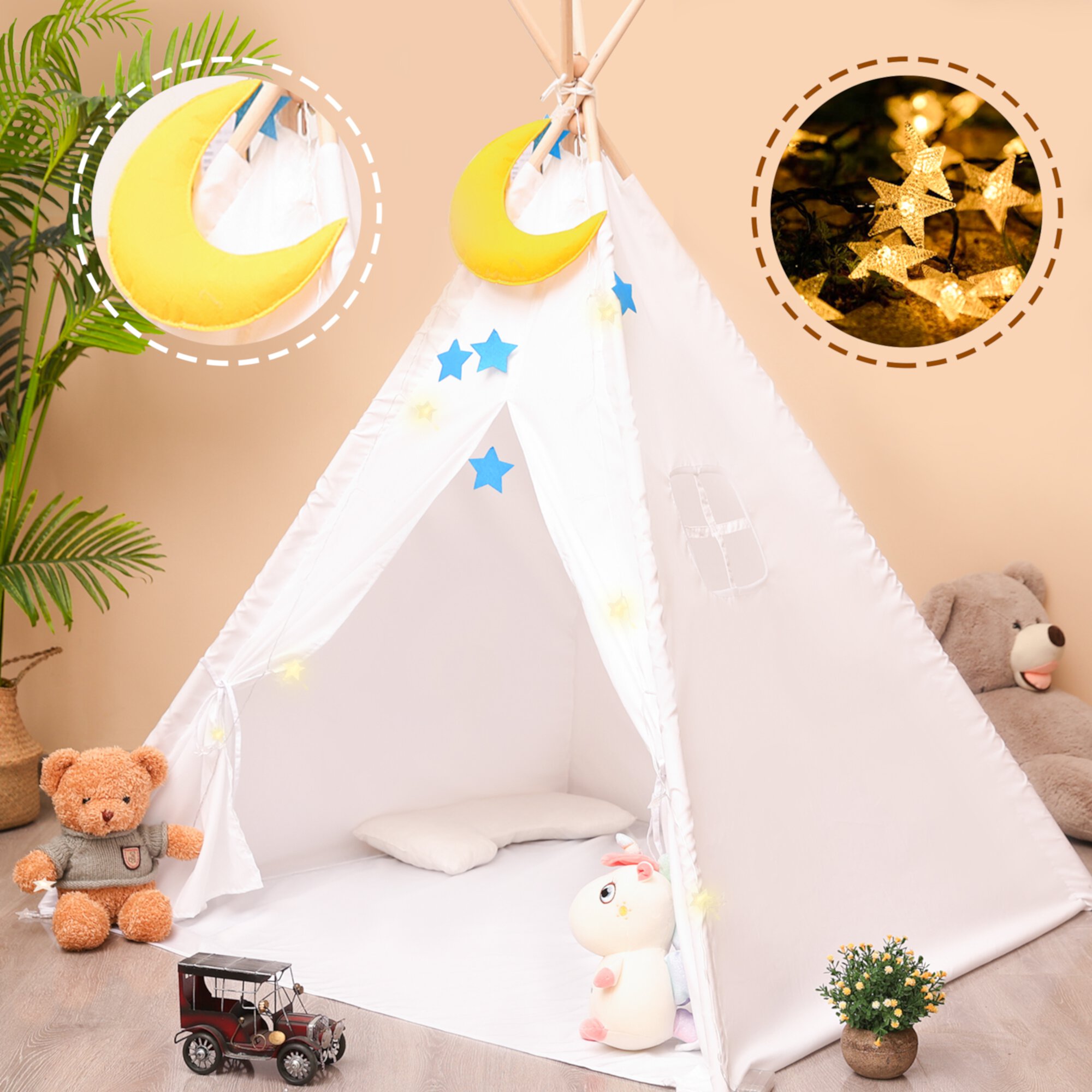 Tent for Kids with LED Lights, Childrens Tent Foldable Play Tent Toys, Moon Decoration for Indoor & Outdoor Playing Topfox