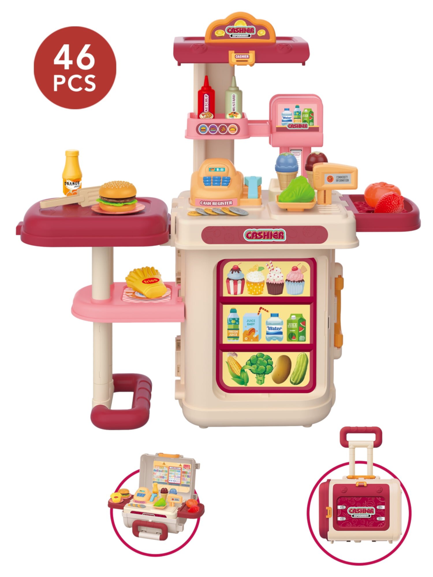 Yexmas Kitchen Playset,3 in 1 Kitchen Pretend Play Toys Travel Suitcase,37 PCS Realistic Cooking Accessories,Sounds,Running Water,Great Kitchen Toys for Toddlers Kids(Red) Yexmas