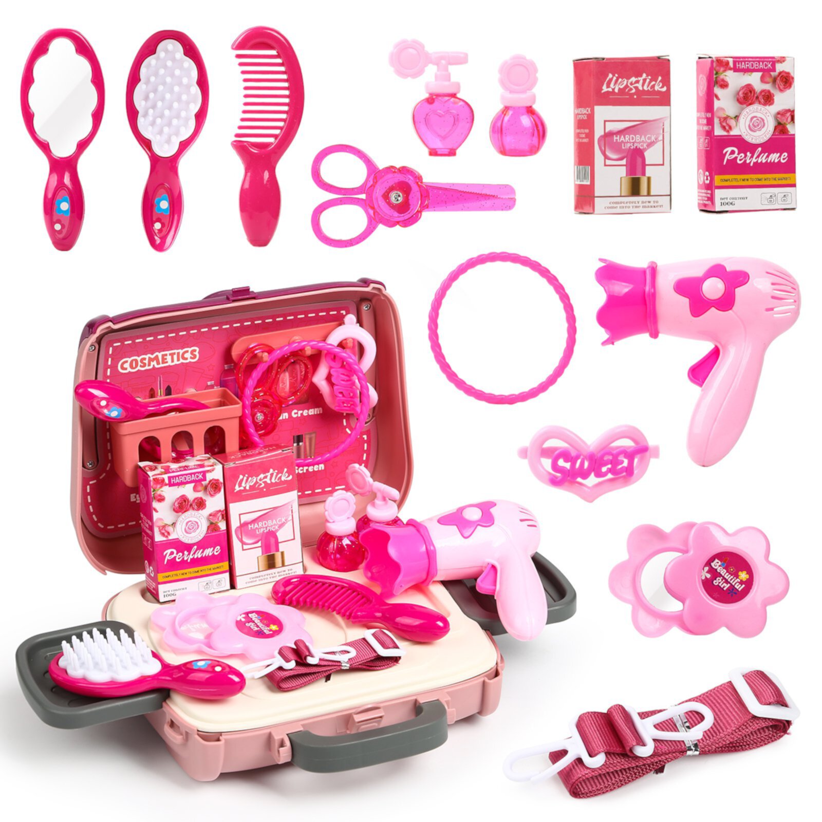 Tyethy Girl Makeup Kit, 14 Pcs Pretend Play Makeup Vanity Toy with Carrying Case for Age 3 4 5 6 Girl , Hairdryer, Mirror and Comb, Styling Tyethy