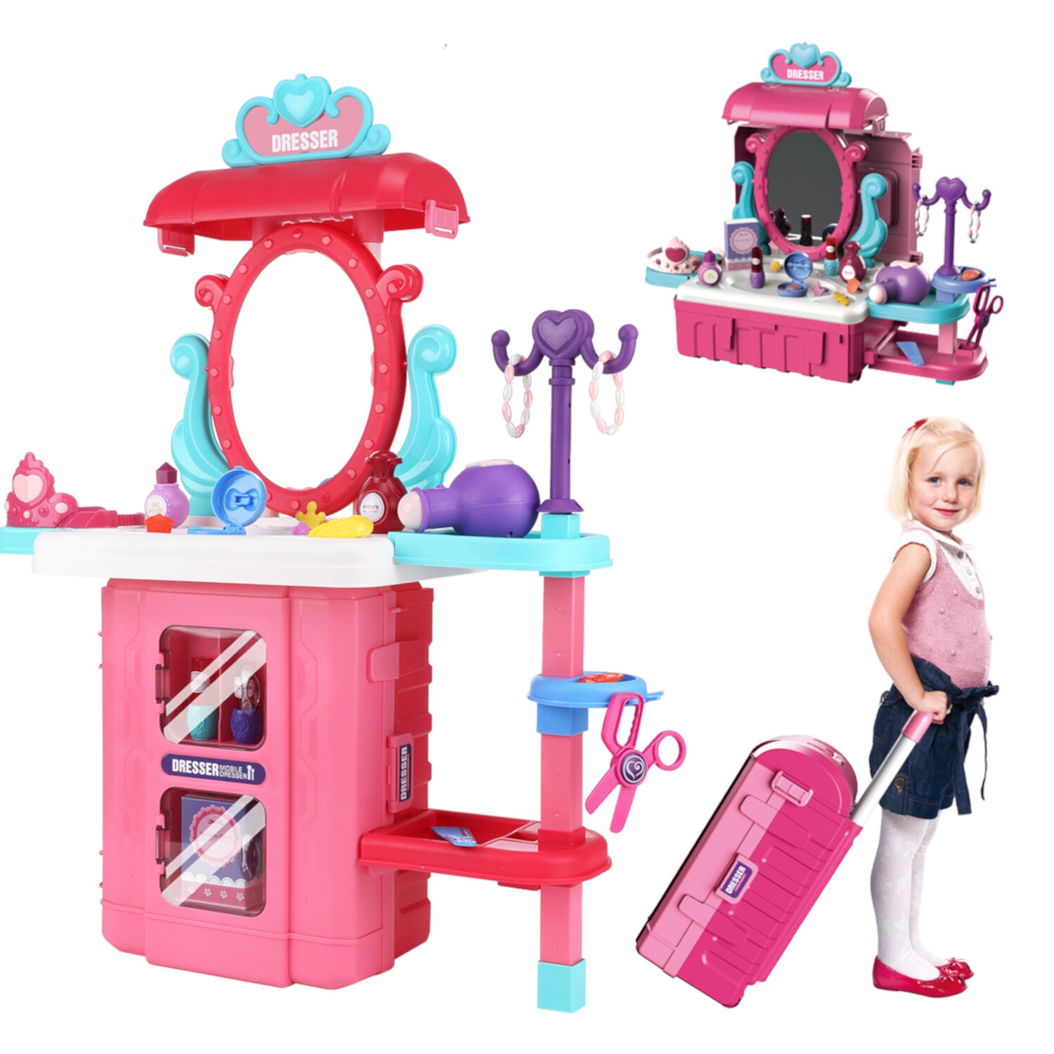 38PCS Toddler Makeup Vanity Set, Anpro 29Inch Princess Girls Vanity Table Set Toy with Light & Music and Accessories & Hair Dryer for Kids Toddlers Girl 3-5 Years, Pink Anpro