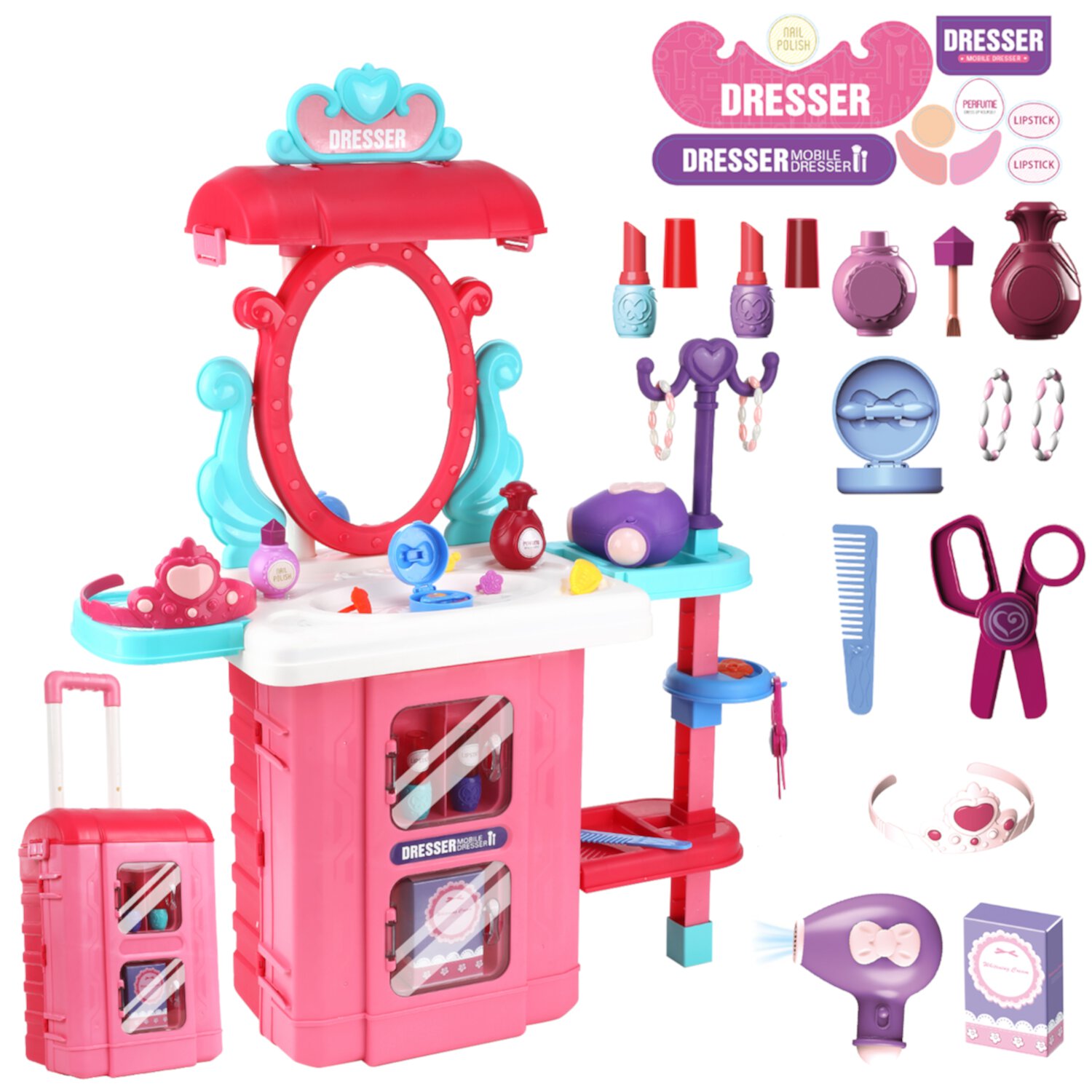 38PCS Toddler Makeup Vanity Set, 4-in-1 Princess Girls Vanity with Music, Hair Dryer Toy & Pretend Play Makeup Accessories, Kids Makeup Table Toy Gifts for Little Girls 3-5 Years Old, Pink Zacro