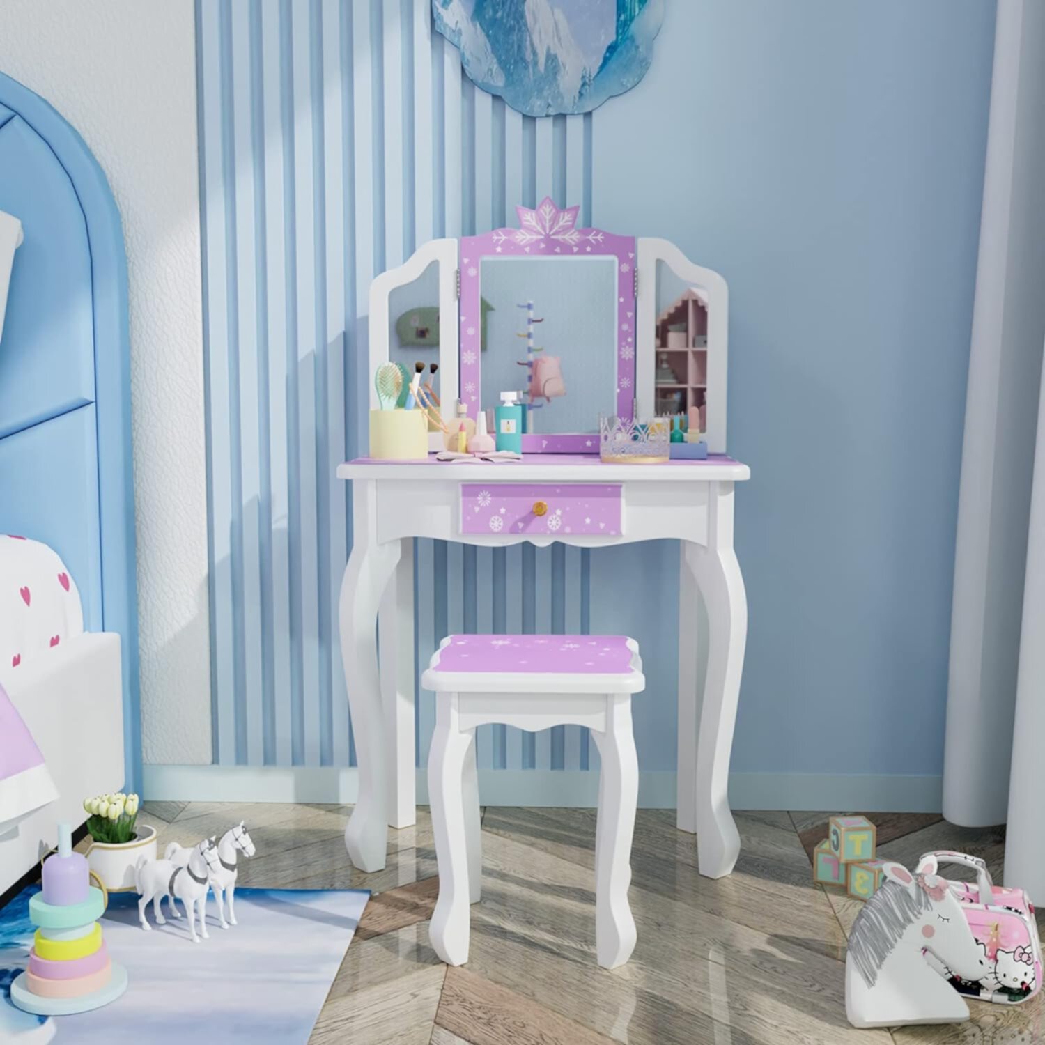 Vanity Set  Wooden Princess   with Stool  Tri-Folding Mirror  Large Drawer  Solid Wooden Legs Pretend Beauty Make Up Dressing Play Set for Girls Best Gift () En